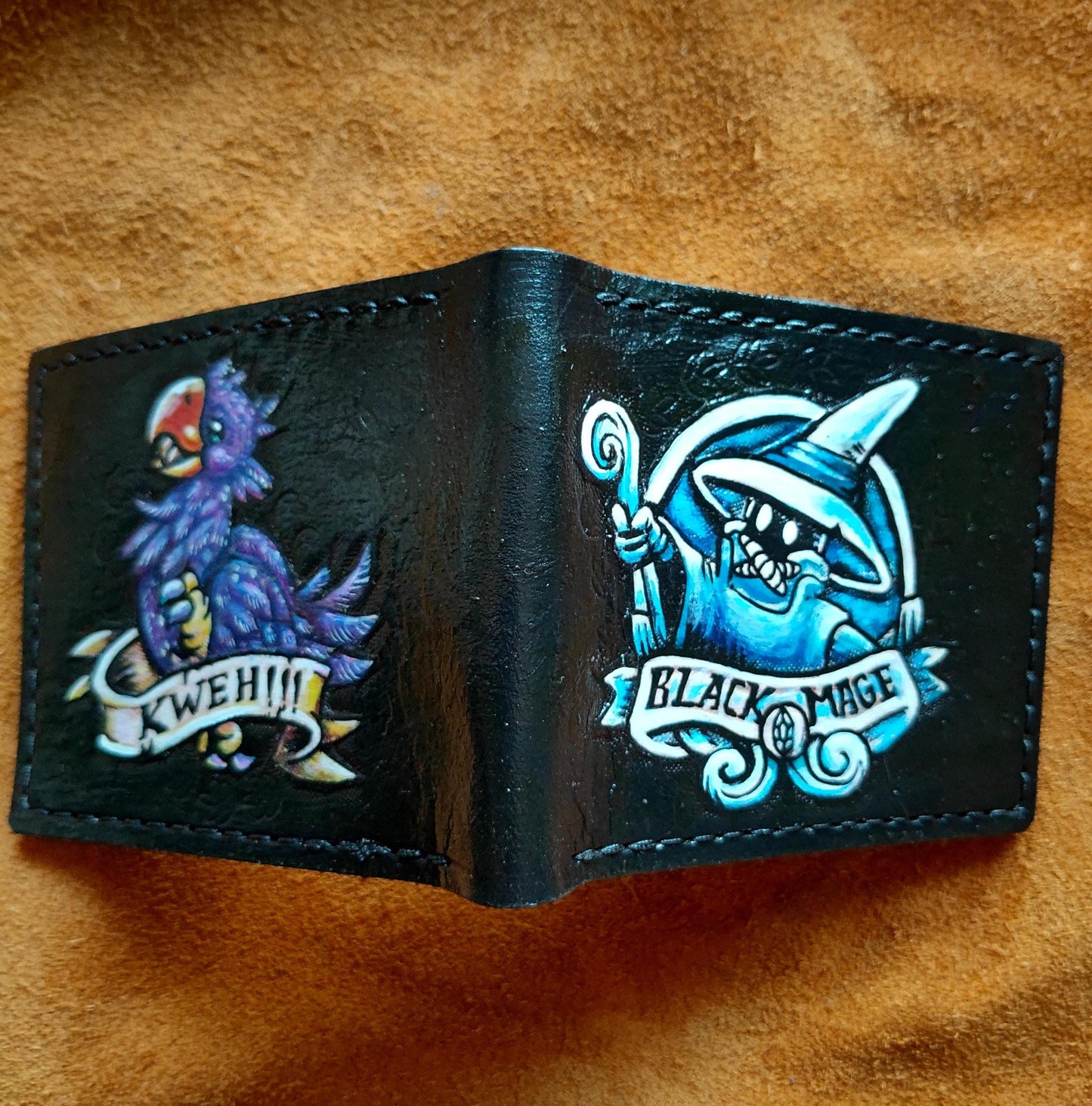 Purple Chocobo and Black Mage - Leather Bifold Wallet - Handcrafted Final Fantasy inspired Wallet -