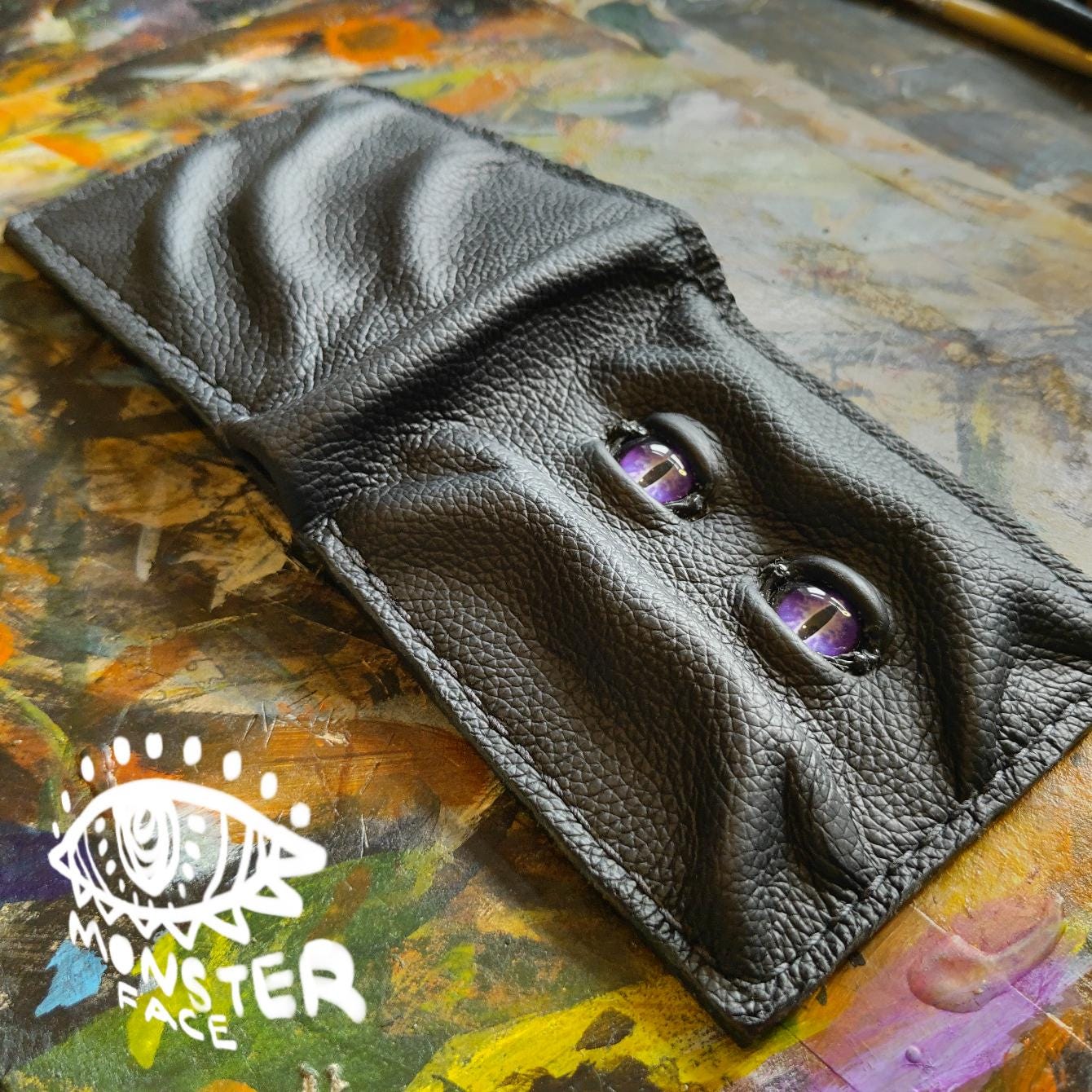 Purple eyes Grumpy Schmuggle face leather wallet - Necromonicon - demon eyes - Leather wallet.