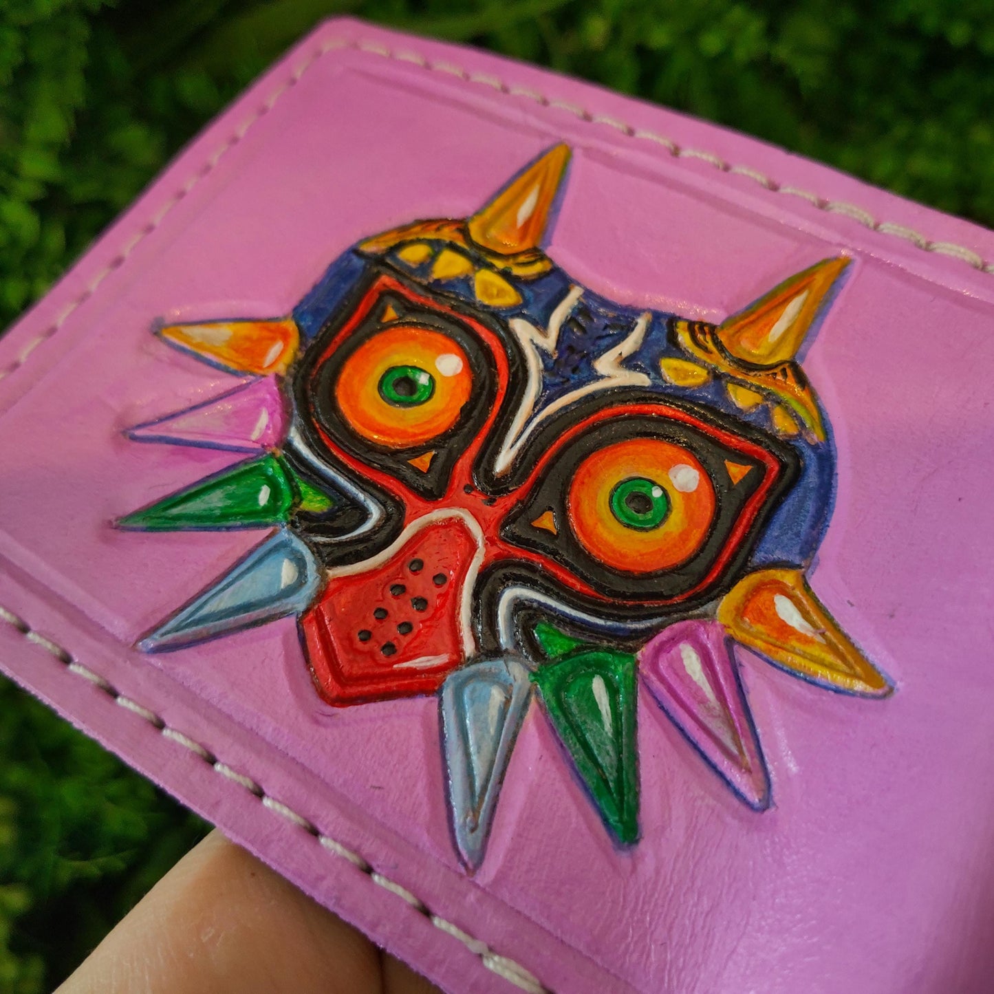 Majoras mask Hyrule Lavander leather wallet- Bifold Wallet - Handcrafted Legend of Zelda Wallet -
