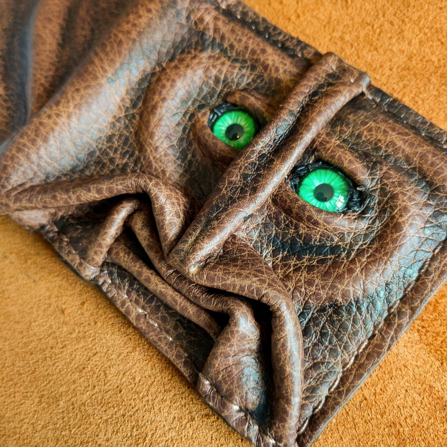 Gnome King -Green eyes brown version - Necromonicon - Oz - demon eyes - monster face - Leather wallet.