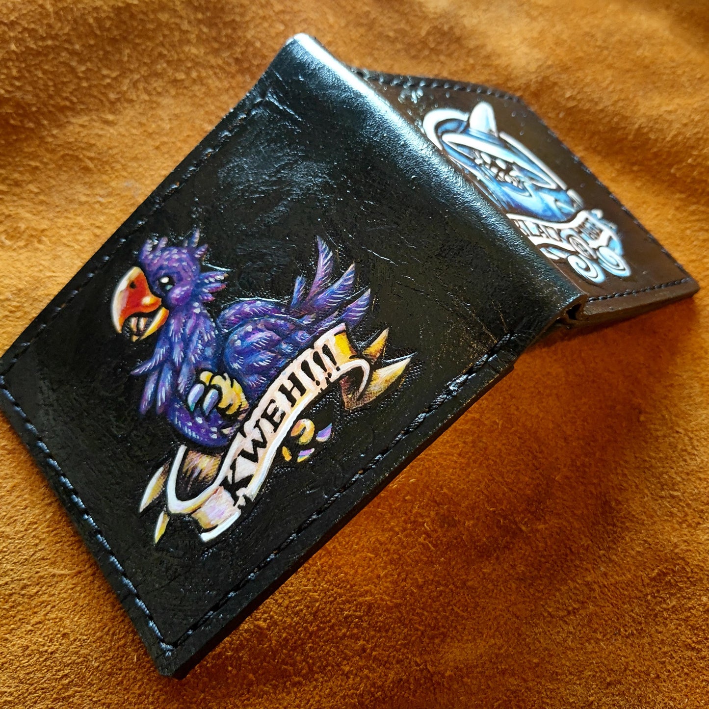 Purple Chocobo and Black Mage - Leather Bifold Wallet - Handcrafted Final Fantasy inspired Wallet -