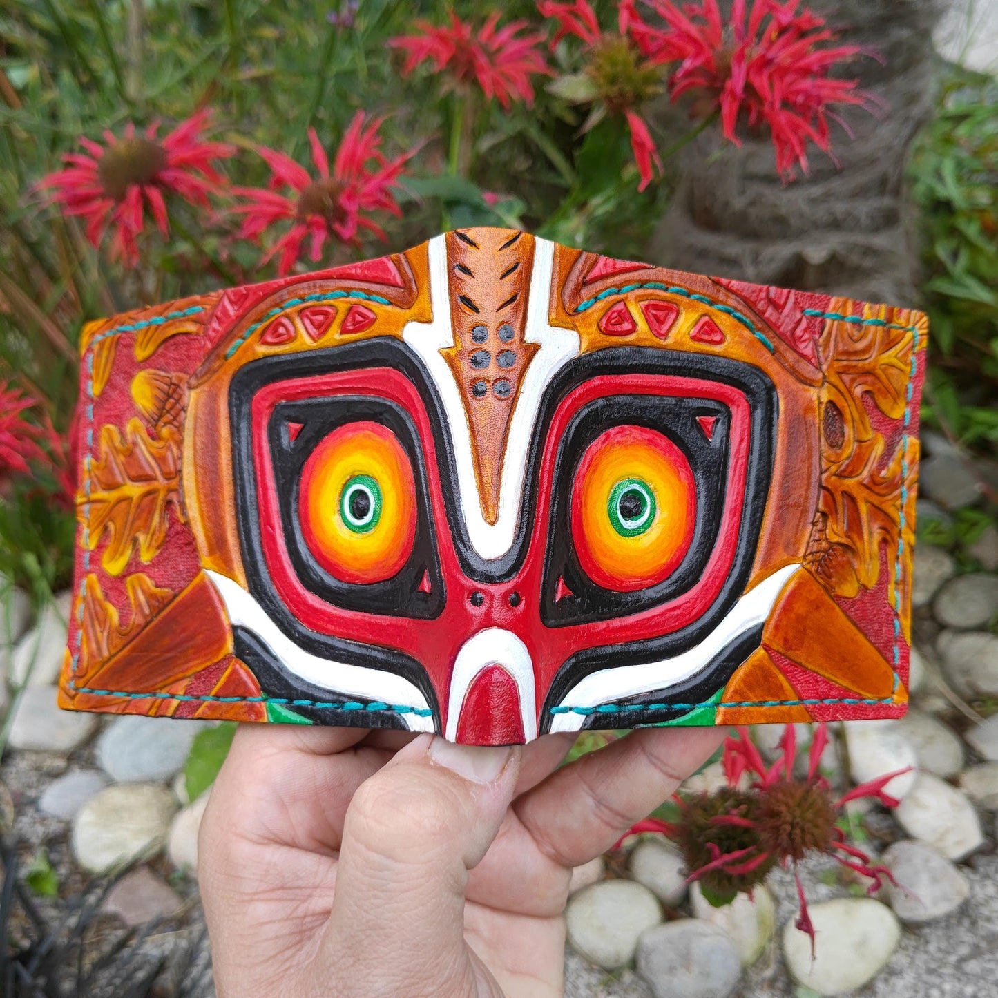 Burgandy Majoras Mask leather wallet- Leather Bifold Wallet - azure thread - Handcrafted Legend of Zelda Wallet - Link Wallet