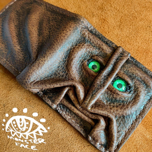Gnome King -Green eyes brown version - Necromonicon - Oz - demon eyes - monster face - Leather wallet.