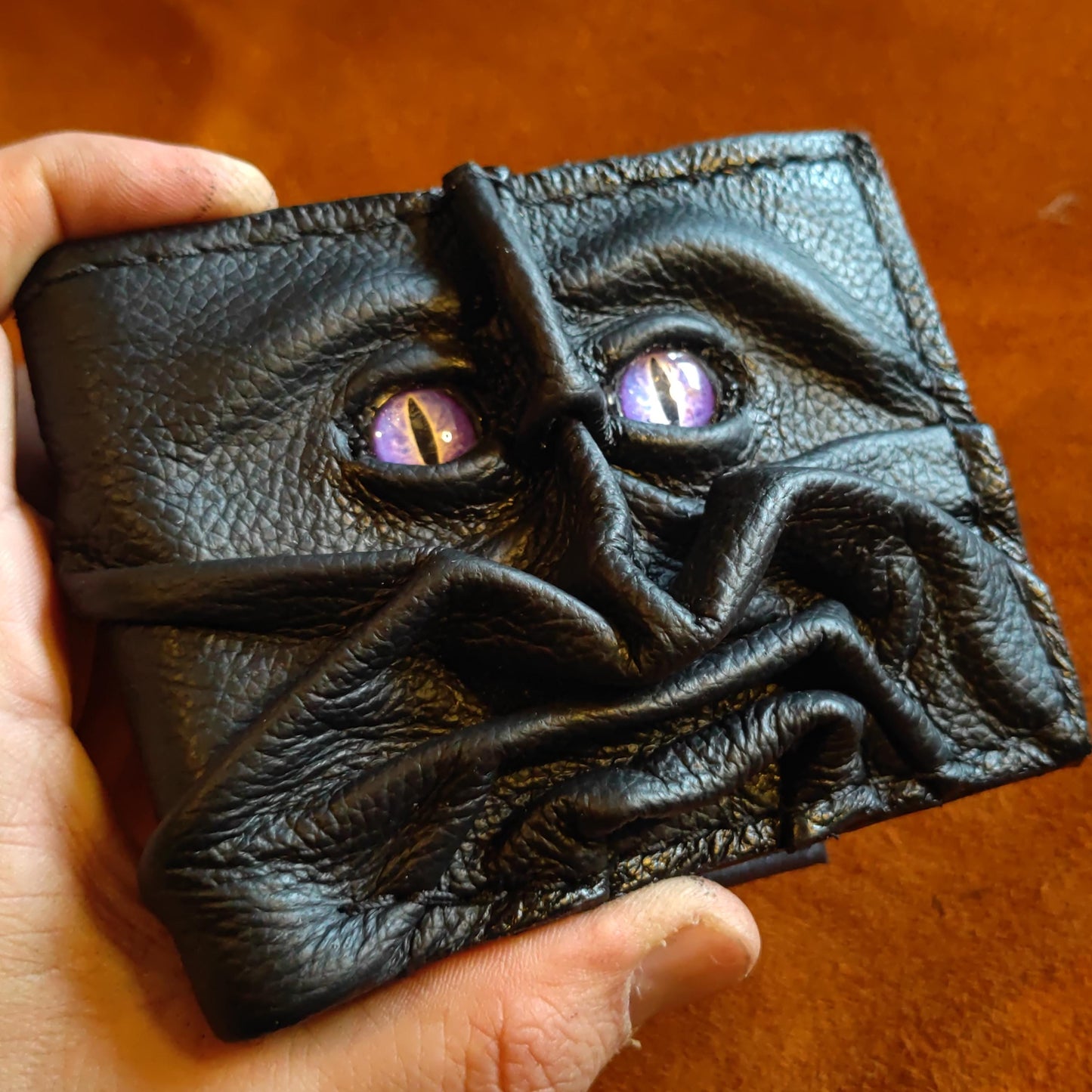 Devilish Monster Face wallet - Purple eyes - Necromonicon - Oz - demon eyes - Leather wallet.