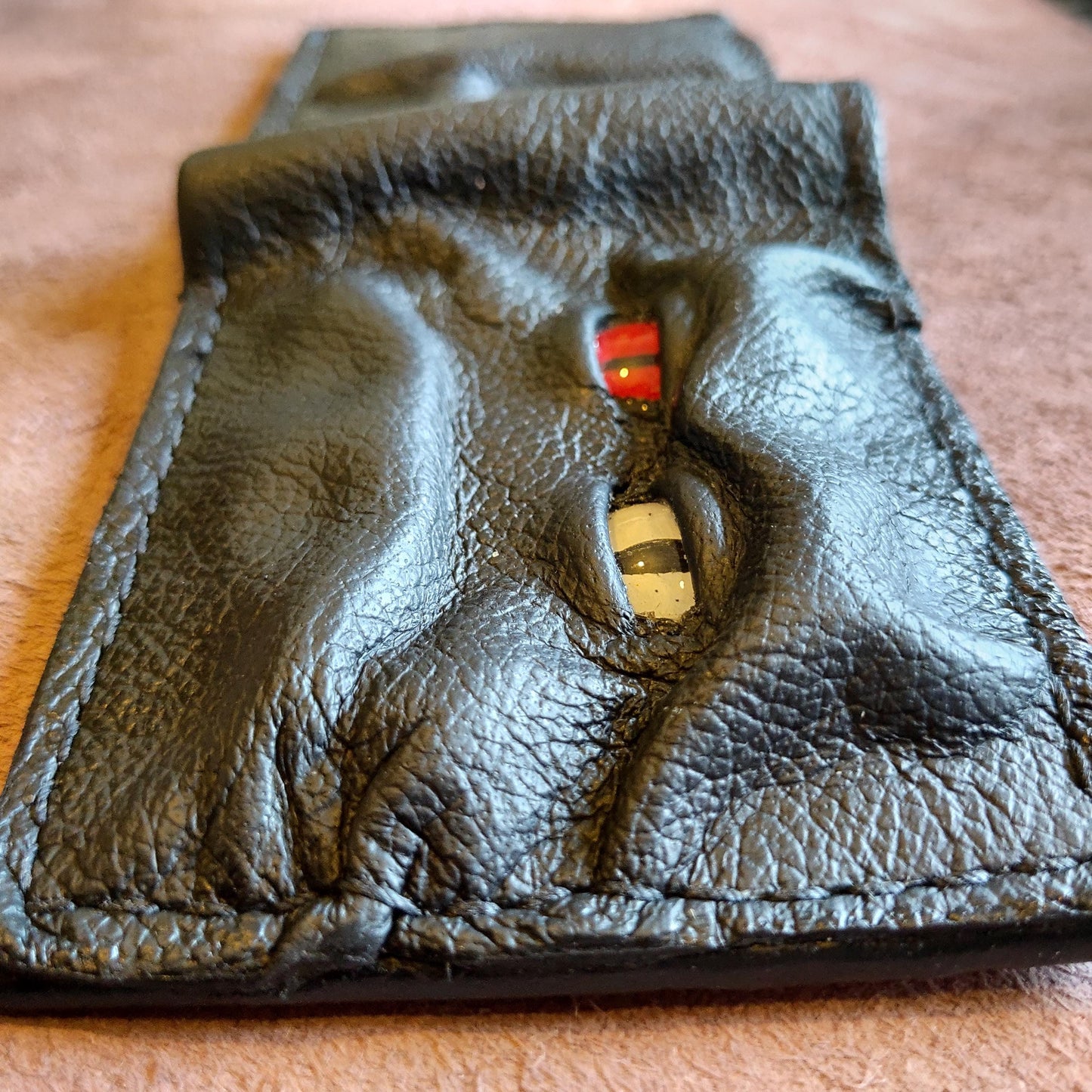 Grumpy red white eyed horned monster face - demon eyes - Leather wallet.