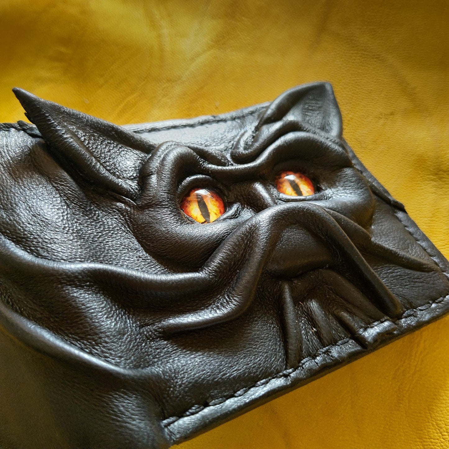 Bat cat monster face leather wallet - demon eyes - Leather wallet.