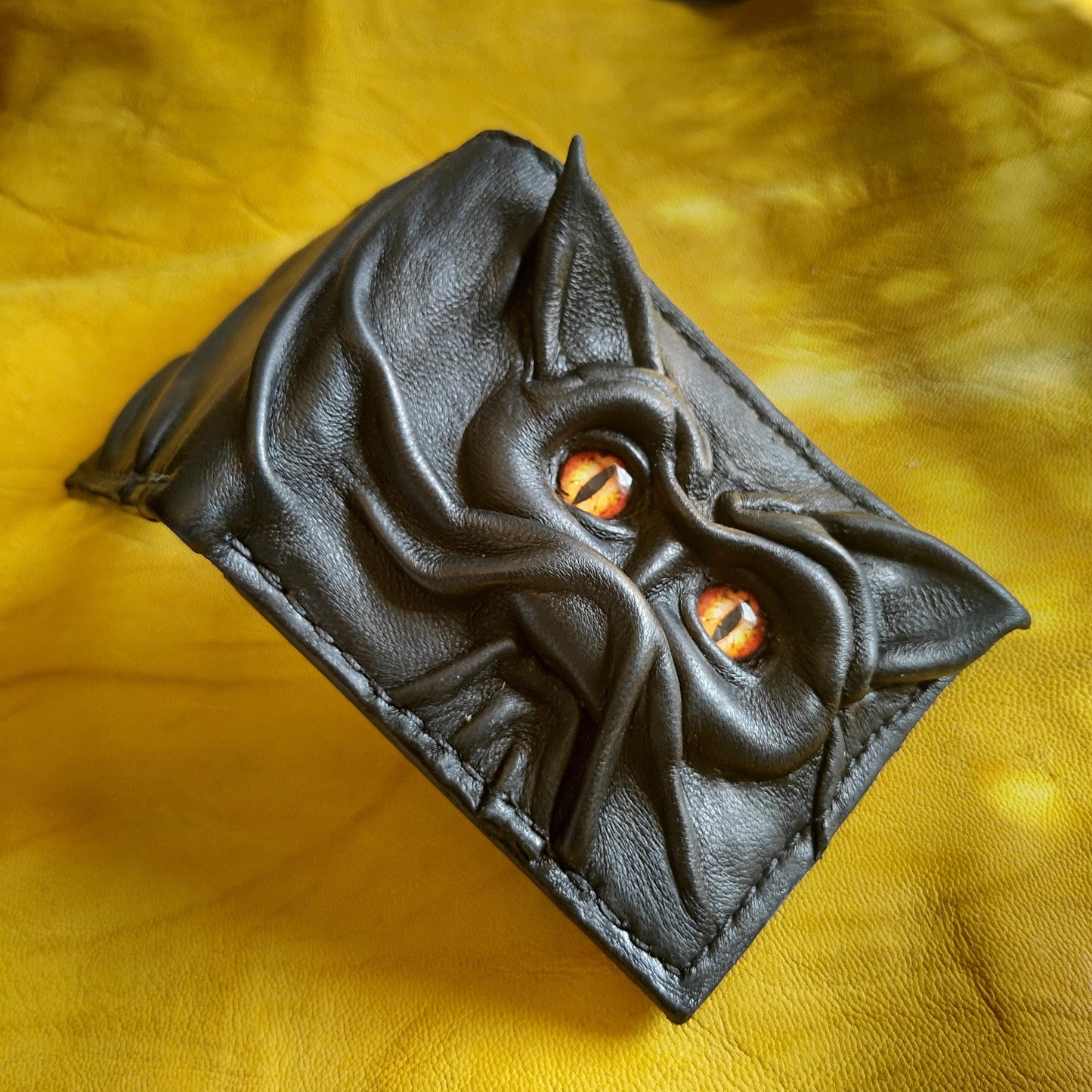Bat cat monster face leather wallet - demon eyes - Leather wallet.