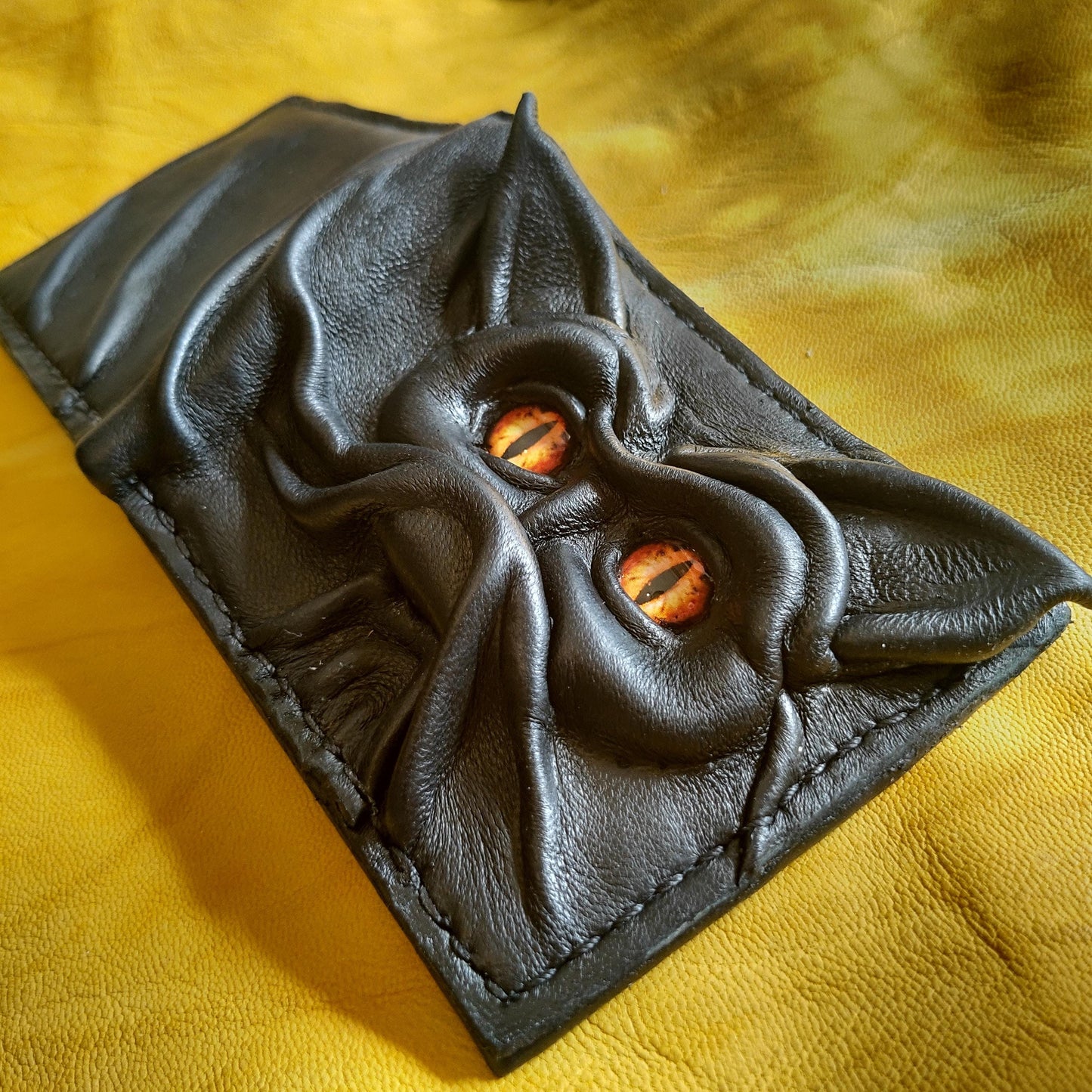 Bat cat monster face leather wallet - demon eyes - Leather wallet.