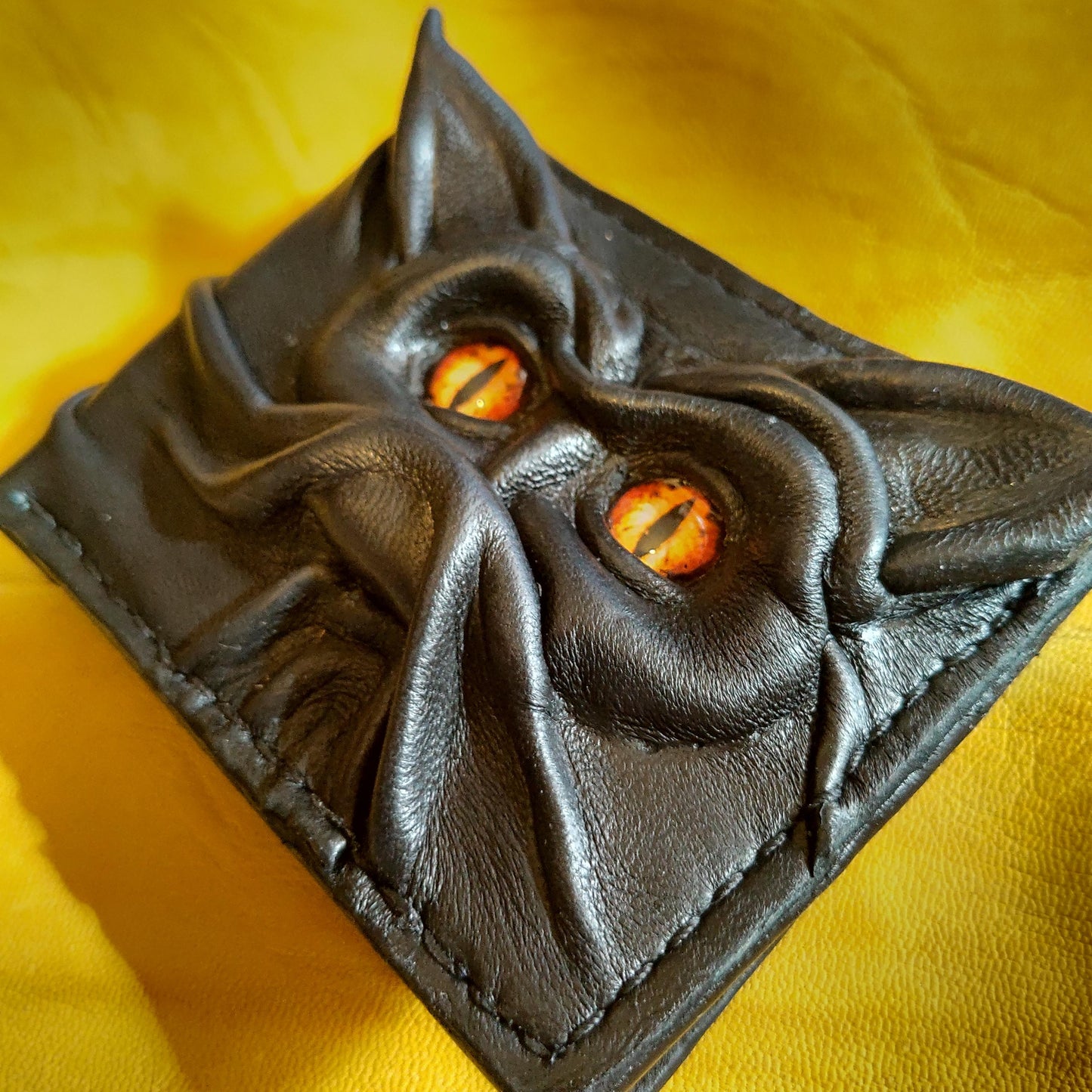 Bat cat monster face leather wallet - demon eyes - Leather wallet.