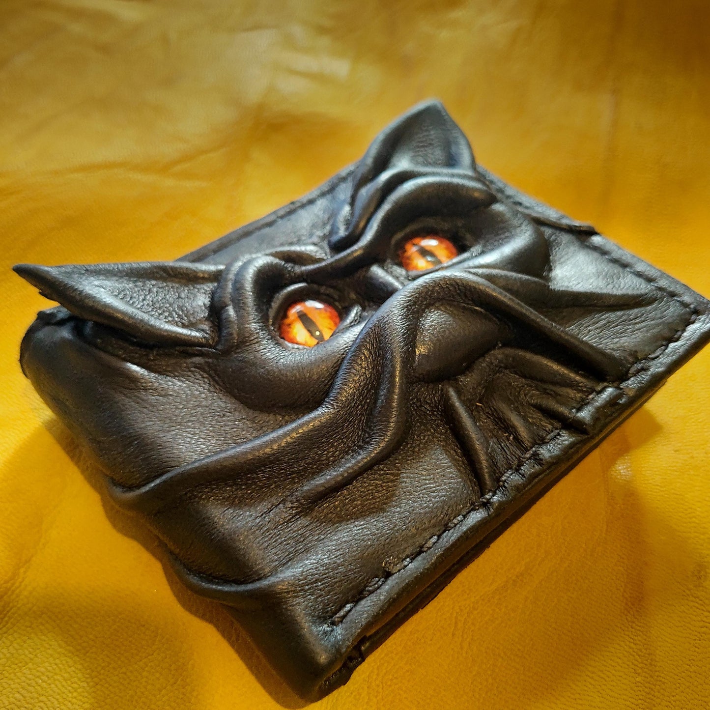 Bat cat monster face leather wallet - demon eyes - Leather wallet.