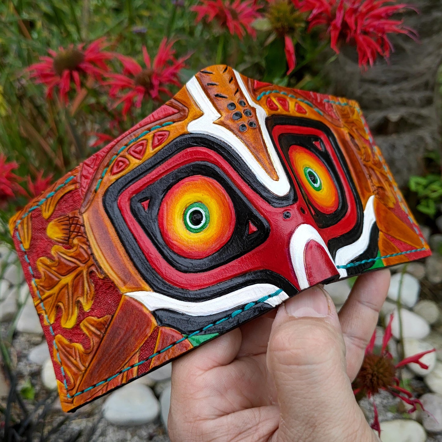 Burgandy Majoras Mask leather wallet- Leather Bifold Wallet - azure thread - Handcrafted Legend of Zelda Wallet - Link Wallet