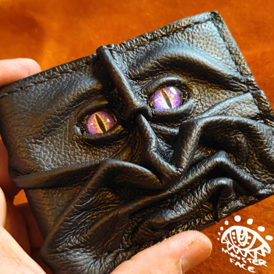 Devilish Monster Face wallet - Purple eyes - Necromonicon - Oz - demon eyes - Leather wallet.