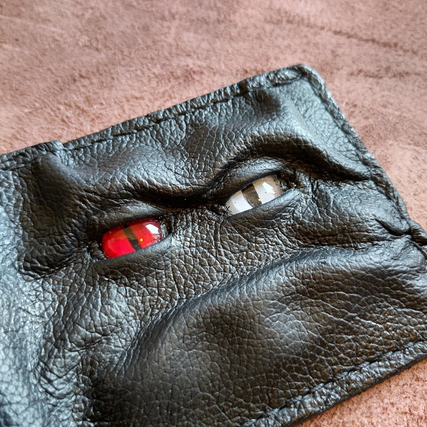 Grumpy red white eyed horned monster face - demon eyes - Leather wallet.