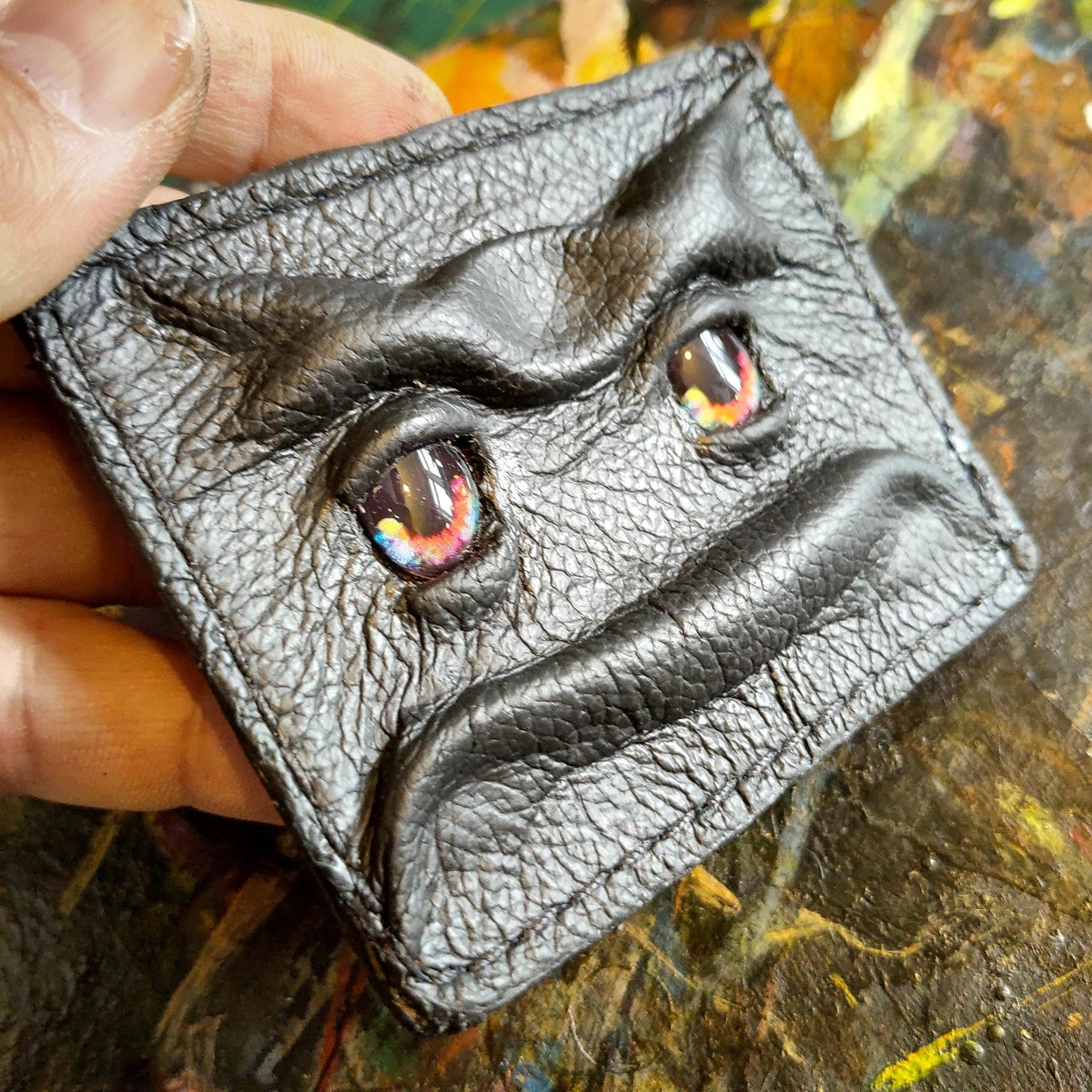 Enderman cute eyes -Slim card holder wallet - Shmuggle face - Necromonicon - demon eyes - Leather.