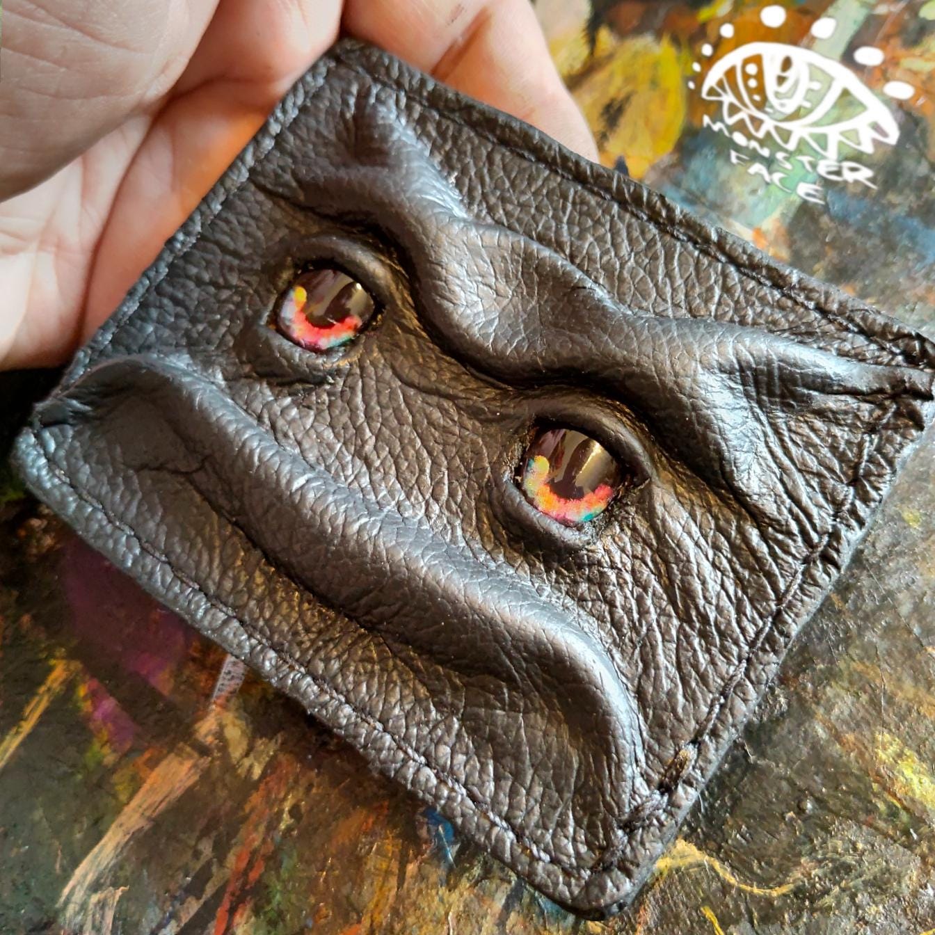 Enderman cute eyes -Slim card holder wallet - Shmuggle face - Necromonicon - demon eyes - Leather.