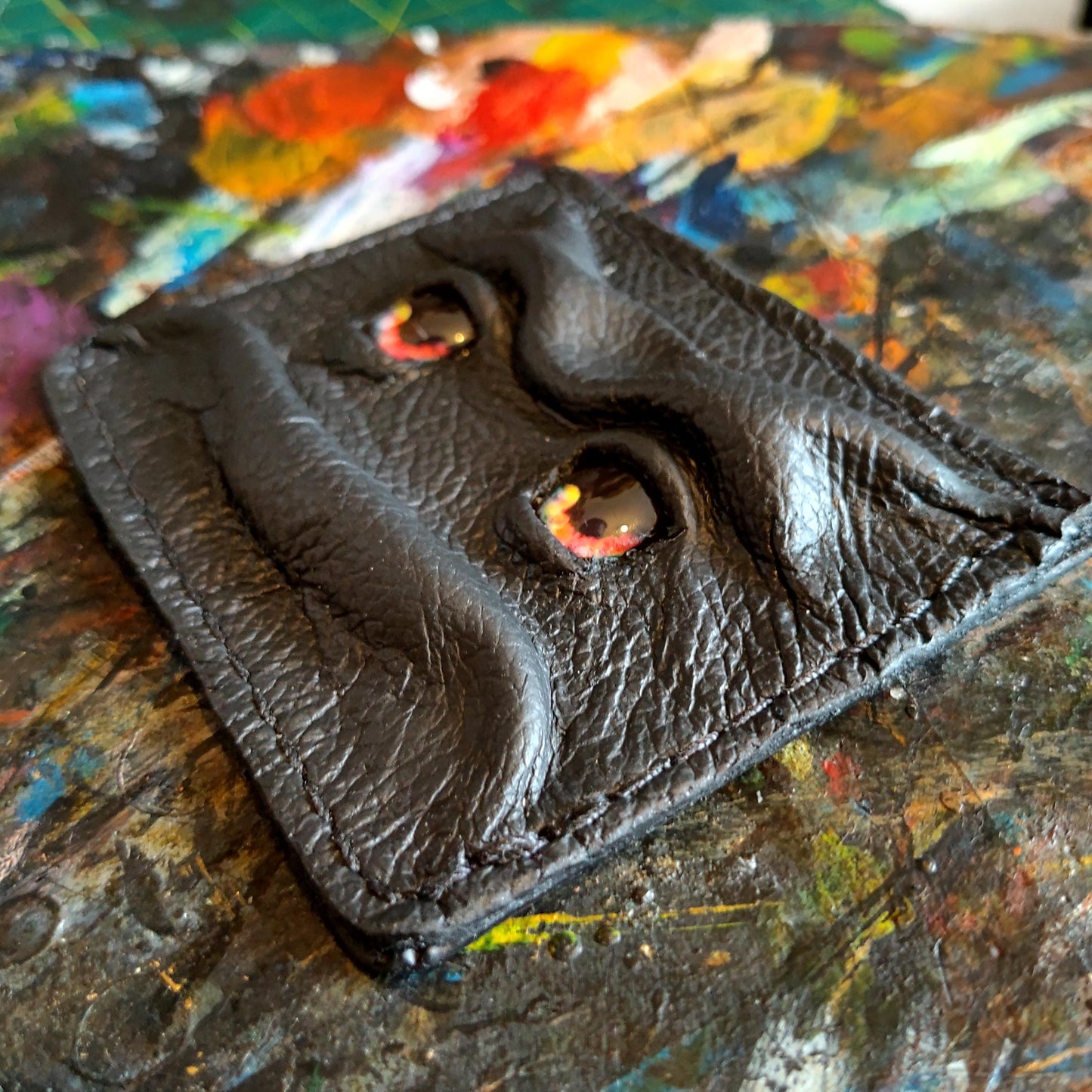 Enderman cute eyes -Slim card holder wallet - Shmuggle face - Necromonicon - demon eyes - Leather.