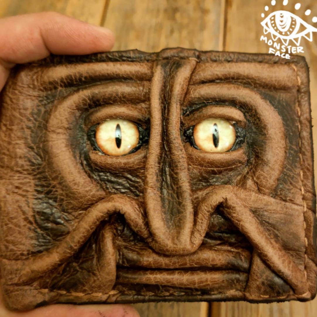 Yellow eyes Gnome King leather wallet - Necromonicon - Oz - demon eyes - monster face -
