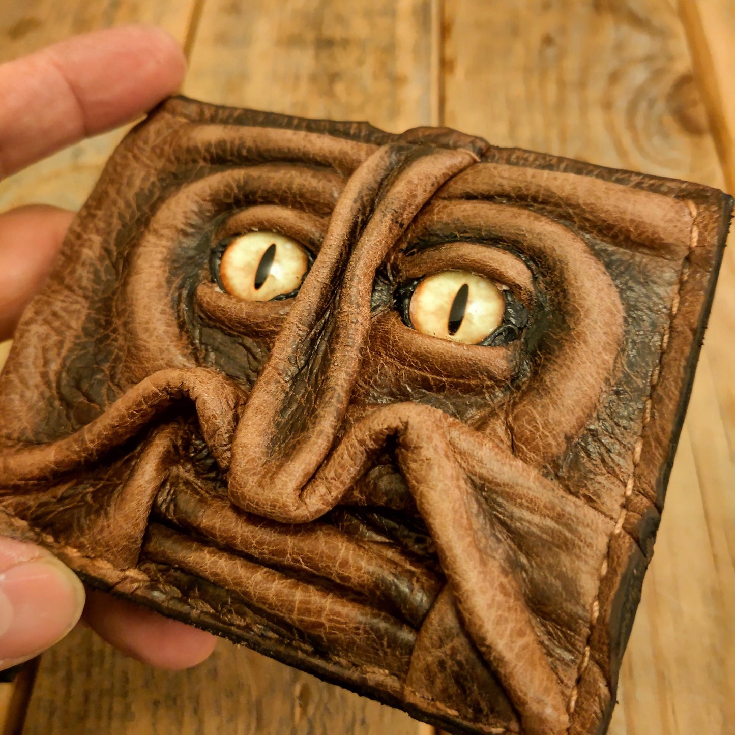 Yellow eyes Gnome King leather wallet - Necromonicon - Oz - demon eyes - monster face -