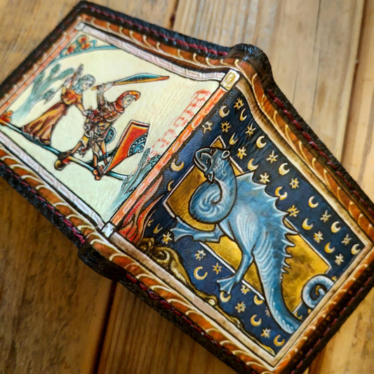 Marginalia medieval knight, lady and dragon - leather wallet- Leather Bifold Wallet - Handcrafted
