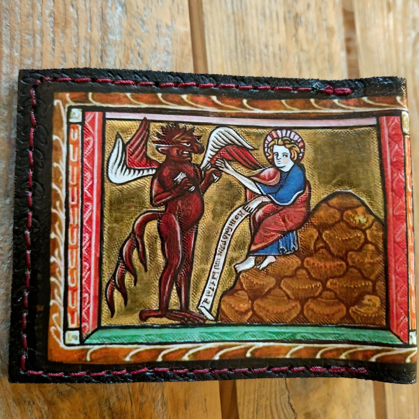 Marginalia medieval demons leather wallet- Dark Brown and ivory colour - Leather Bifold Wallet - Handcrafted