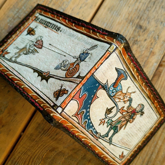 Marginalia medieval snail knight leather wallet- Dark Brown and ivory colour - Leather Bifold Wallet - Handcrafted