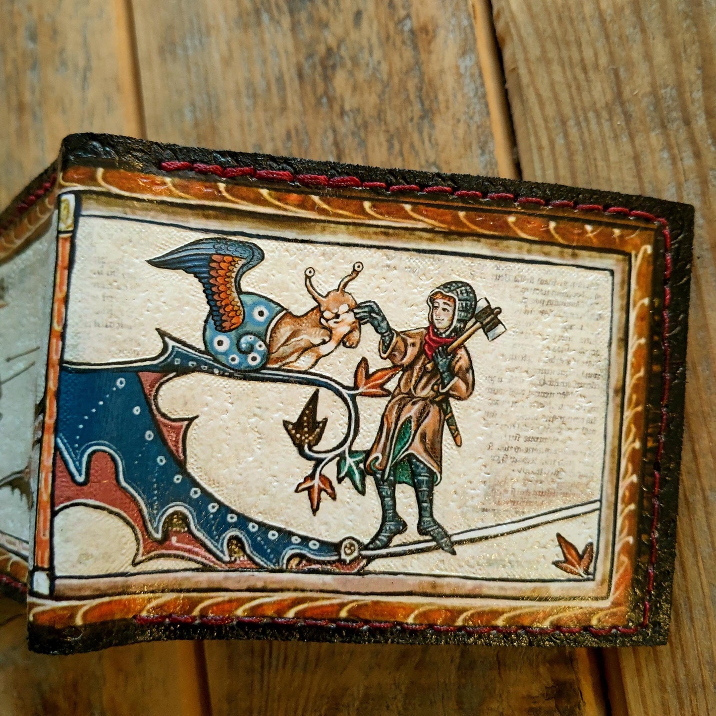 Marginalia medieval snail knight leather wallet- Dark Brown and ivory colour - Leather Bifold Wallet - Handcrafted