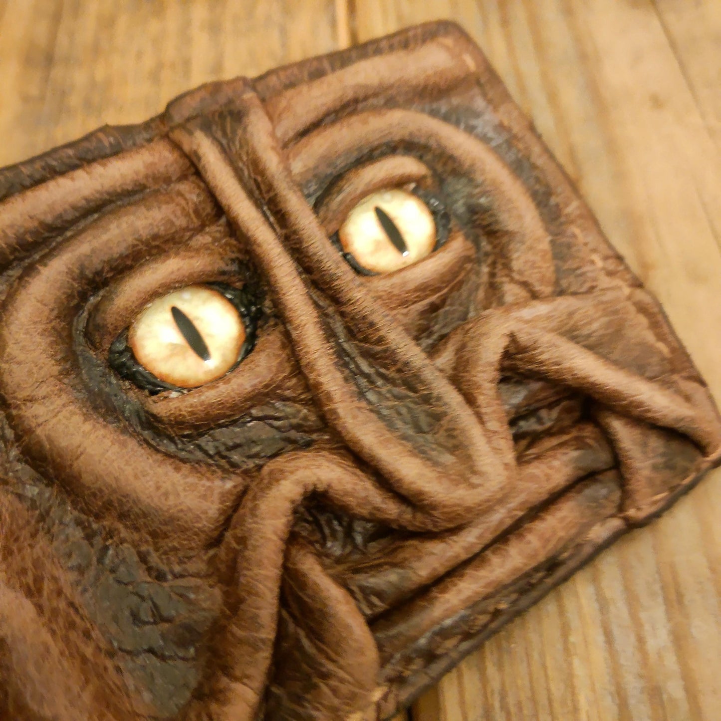 Yellow eyes Gnome King leather wallet - Necromonicon - Oz - demon eyes - monster face -