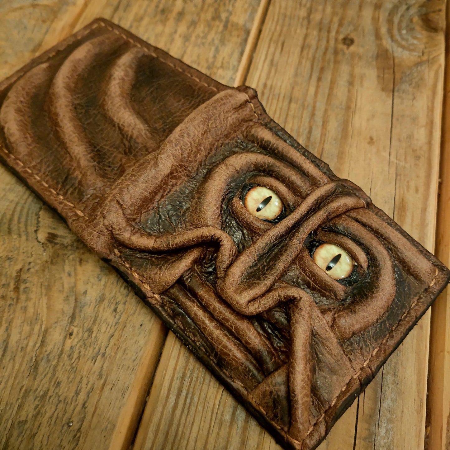 Yellow eyes Gnome King leather wallet - Necromonicon - Oz - demon eyes - monster face -