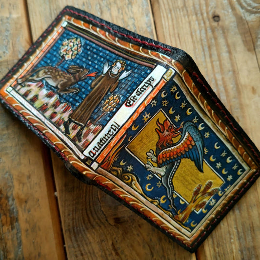Marginalia medieval monk, rabbit and dragon - leather wallet- Leather Bifold Wallet - Handcrafted
