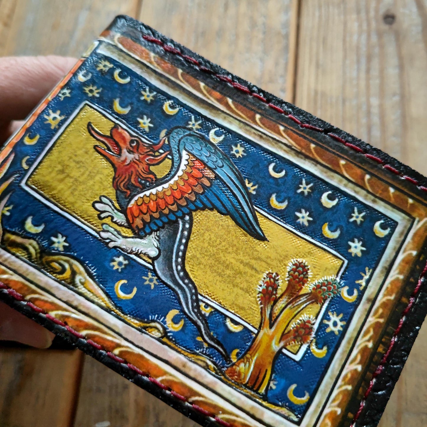 Marginalia medieval monk, rabbit and dragon - leather wallet- Leather Bifold Wallet - Handcrafted