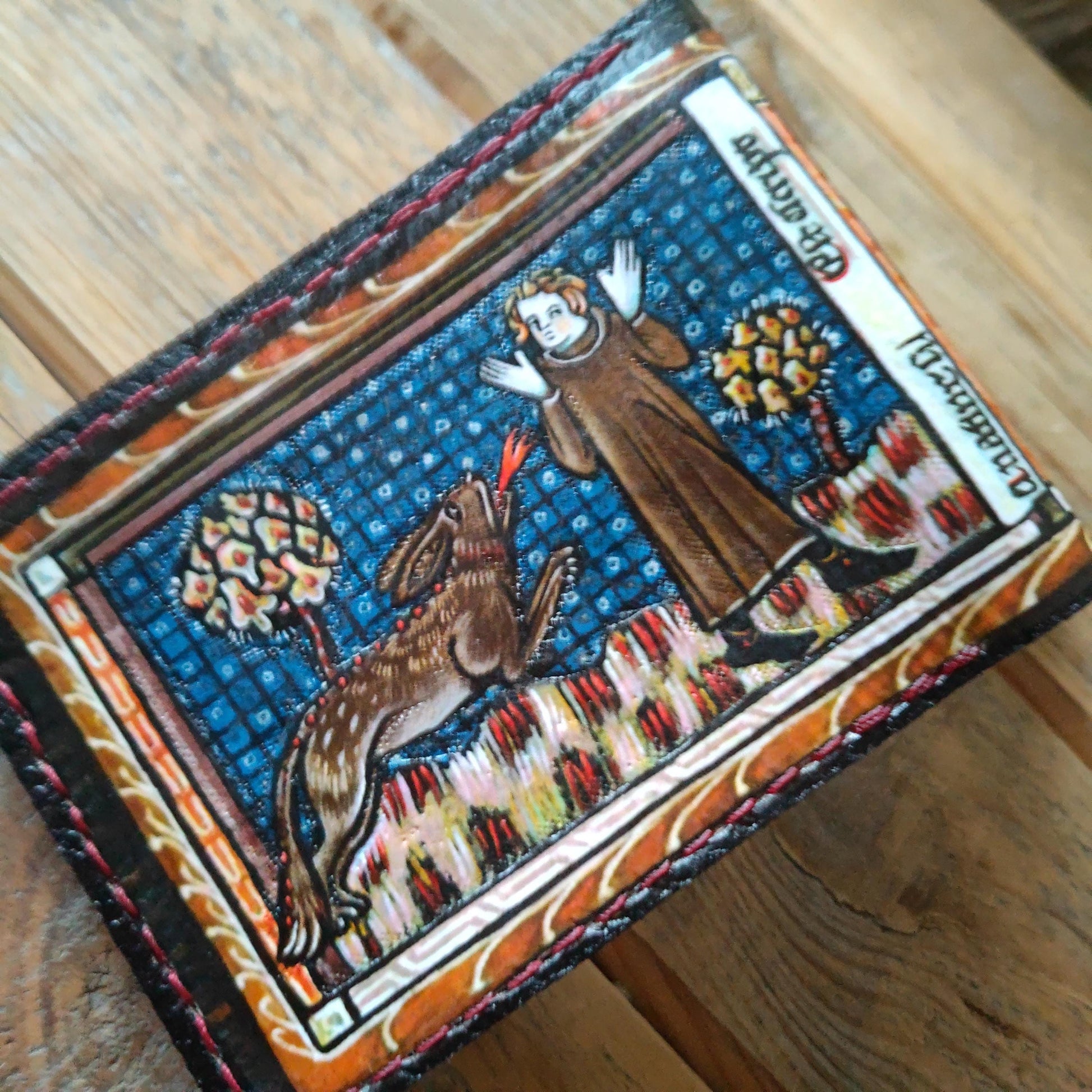 Marginalia medieval monk, rabbit and dragon - leather wallet- Leather Bifold Wallet - Handcrafted