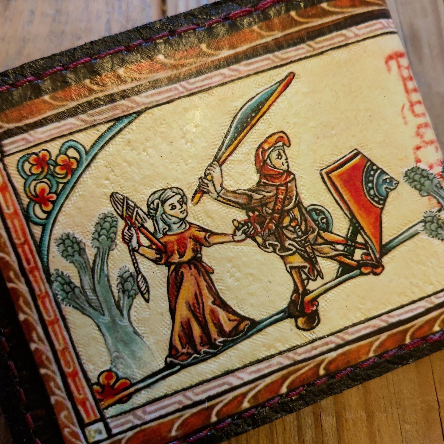 Marginalia medieval knight, lady and dragon - leather wallet- Leather Bifold Wallet - Handcrafted