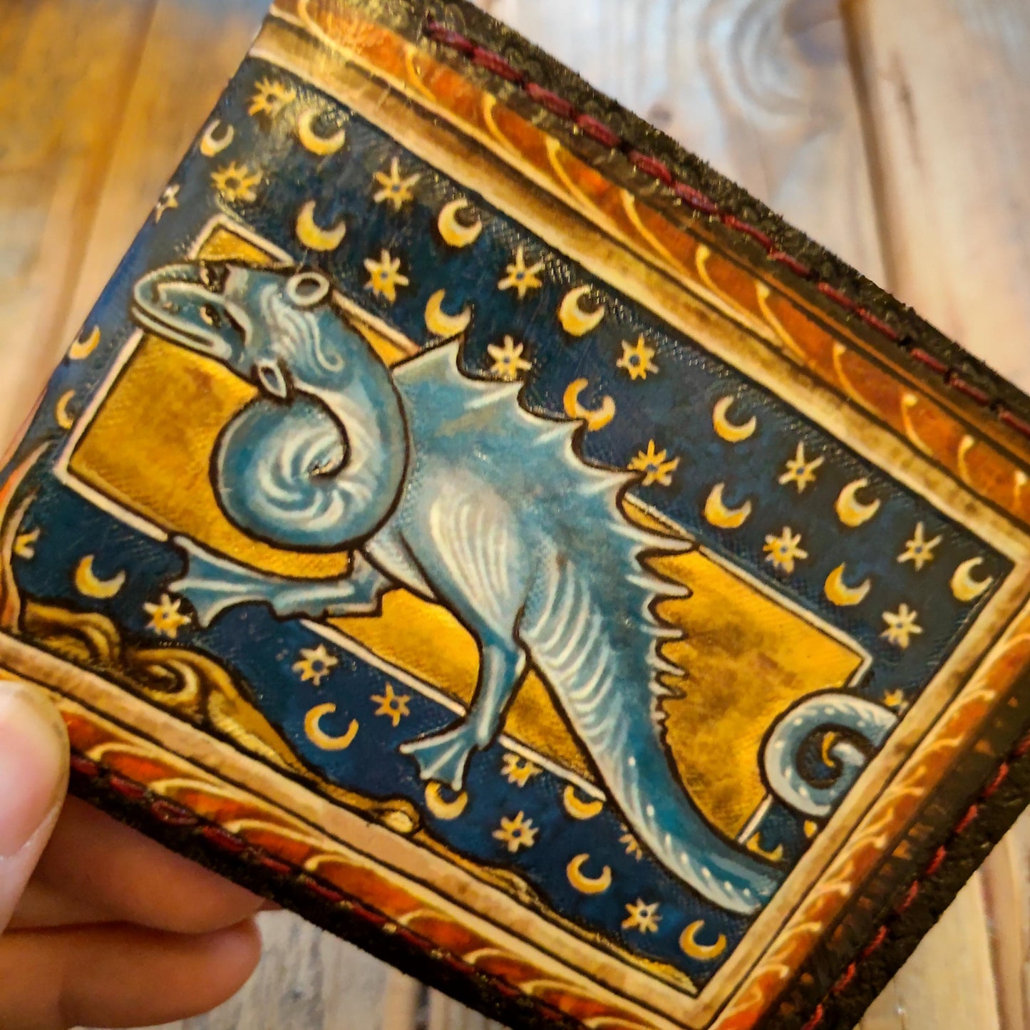Marginalia medieval knight, lady and dragon - leather wallet- Leather Bifold Wallet - Handcrafted
