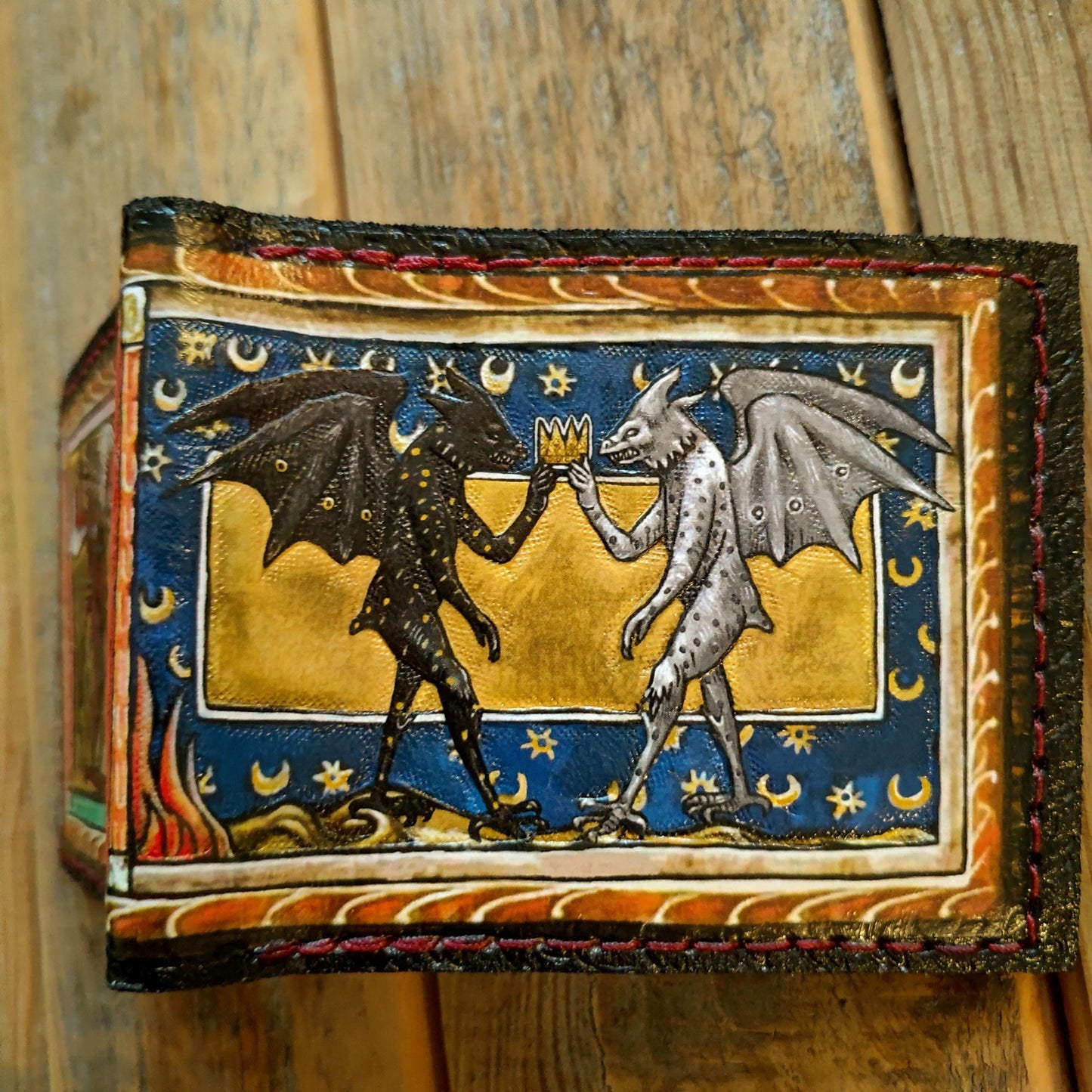 Marginalia medieval demons leather wallet- Dark Brown and ivory colour - Leather Bifold Wallet - Handcrafted