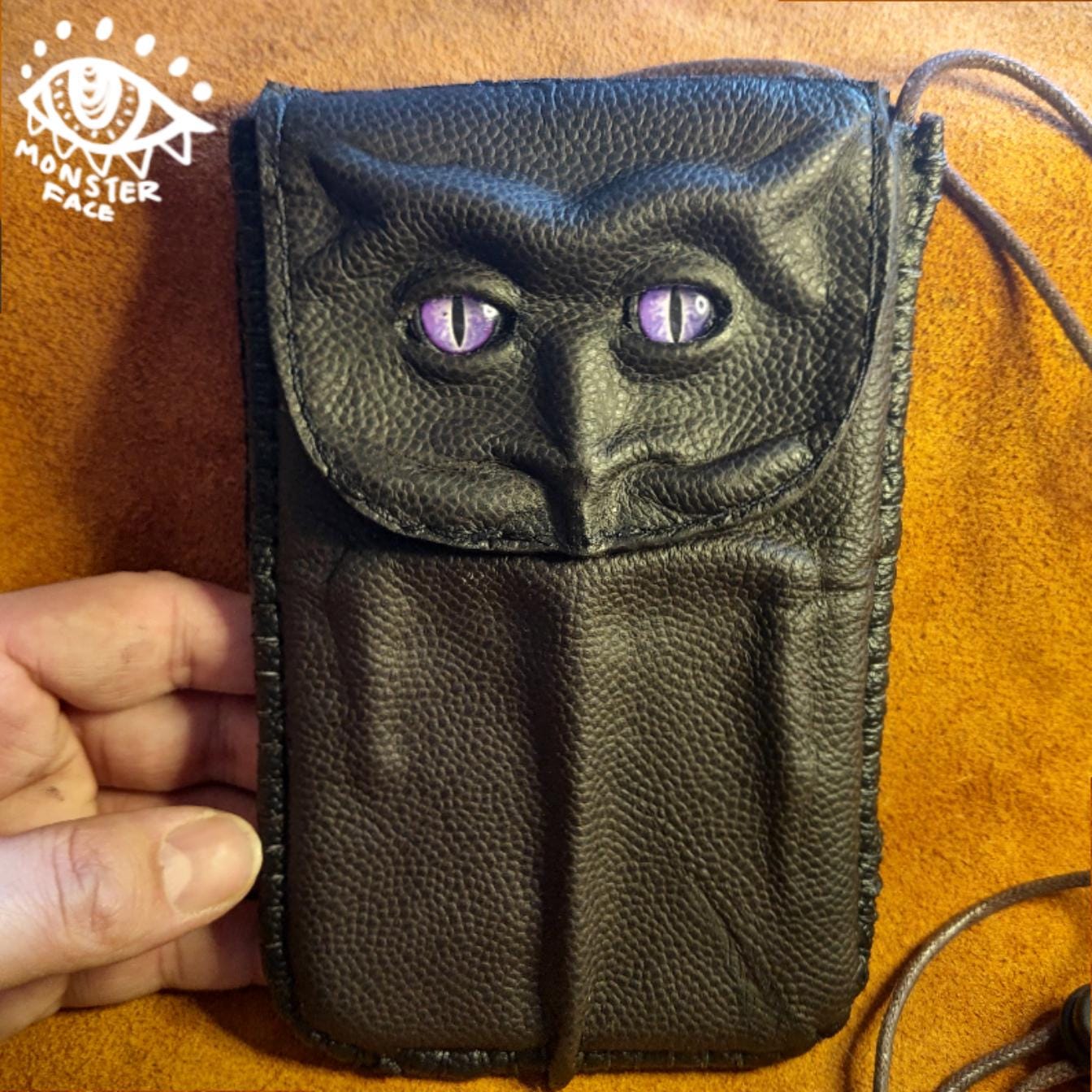 Purple eyed fark phone case travel bag of holding - Necromonicon - demon eyes - Leather wallet.