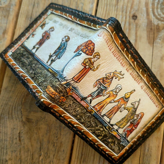 Marginalia medieval wedding dance- leather wallet- Dark Brown and ivory colour - Leather Bifold Wallet - Handcrafted