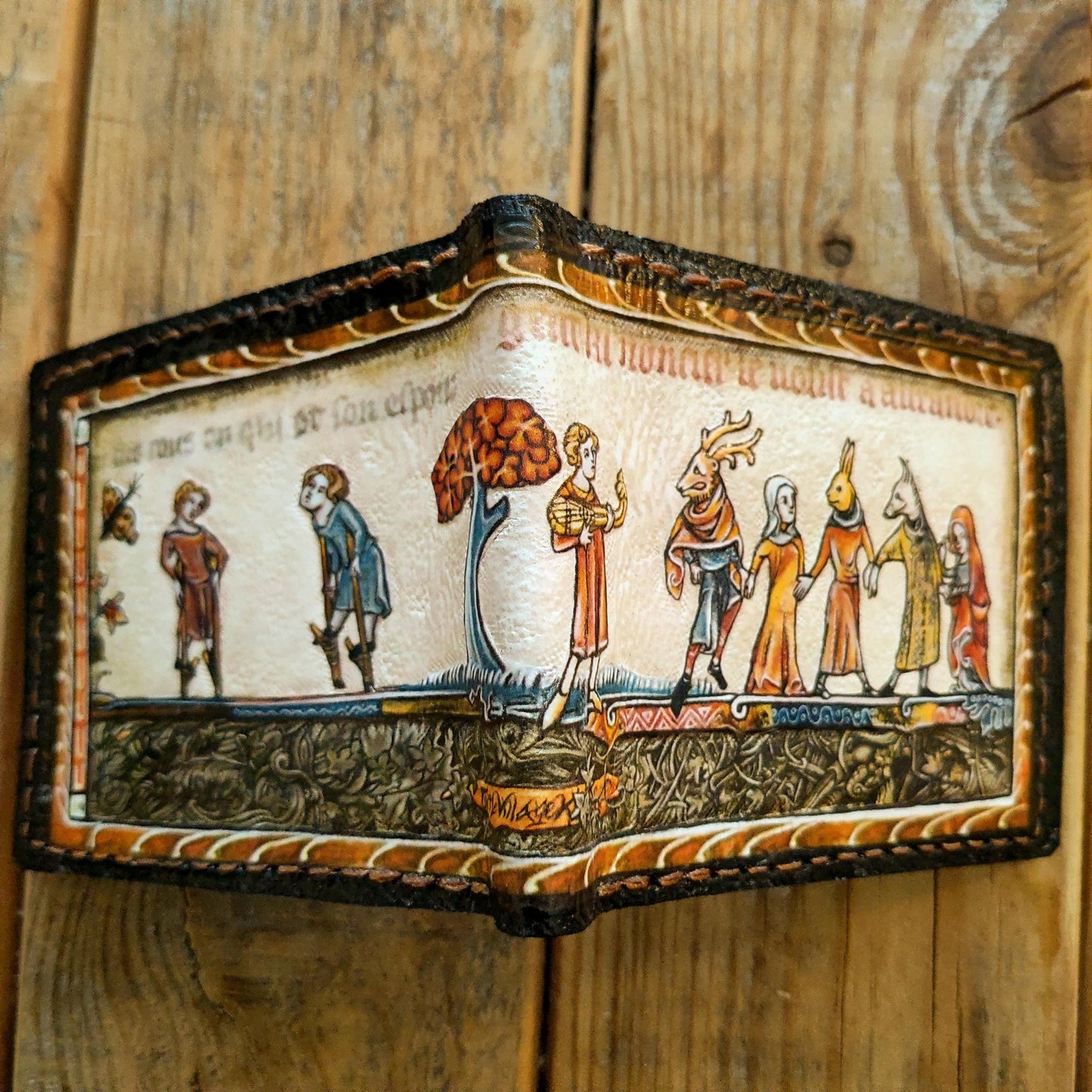 Marginalia medieval wedding dance- leather wallet- Dark Brown and ivory colour - Leather Bifold Wallet - Handcrafted