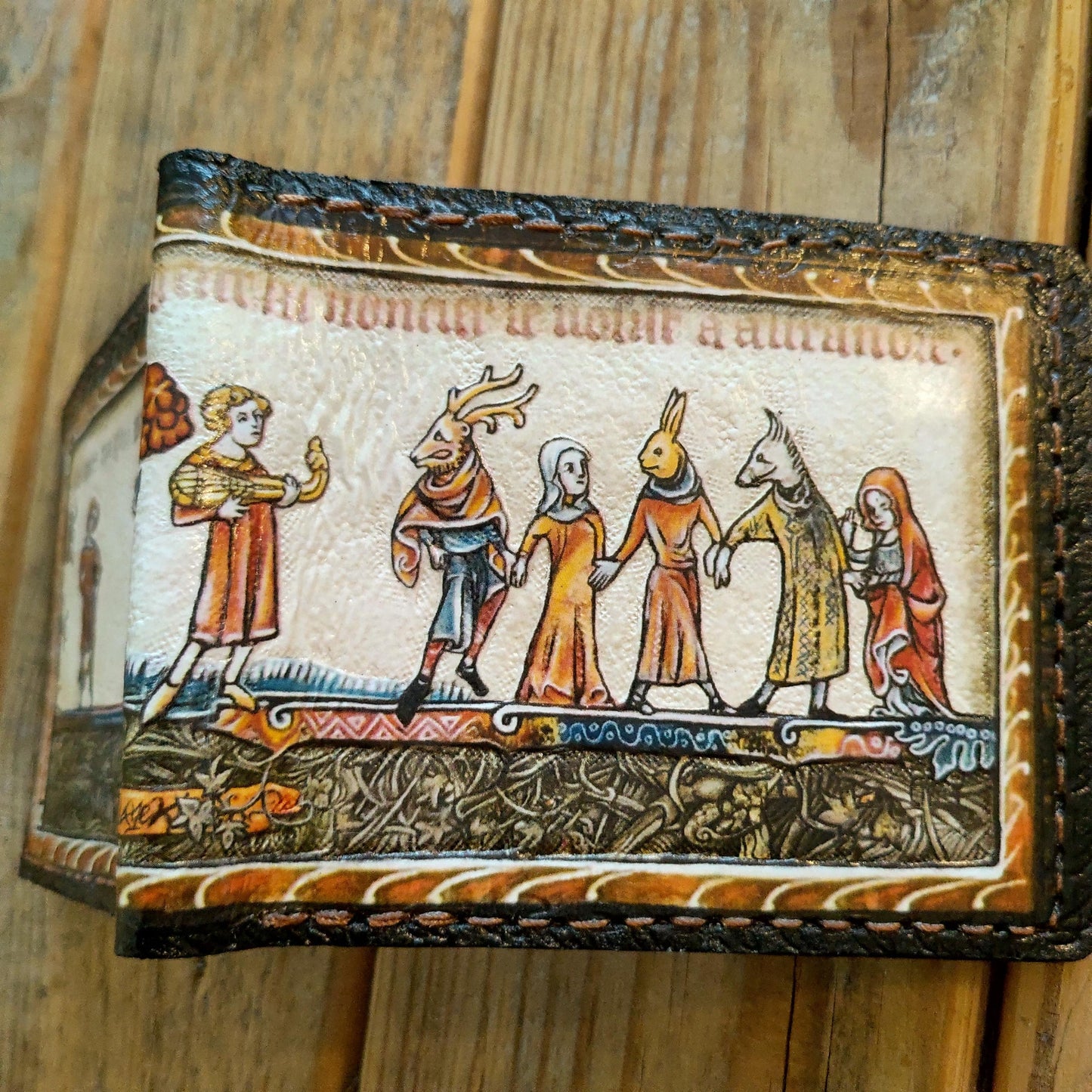 Marginalia medieval wedding dance- leather wallet- Dark Brown and ivory colour - Leather Bifold Wallet - Handcrafted