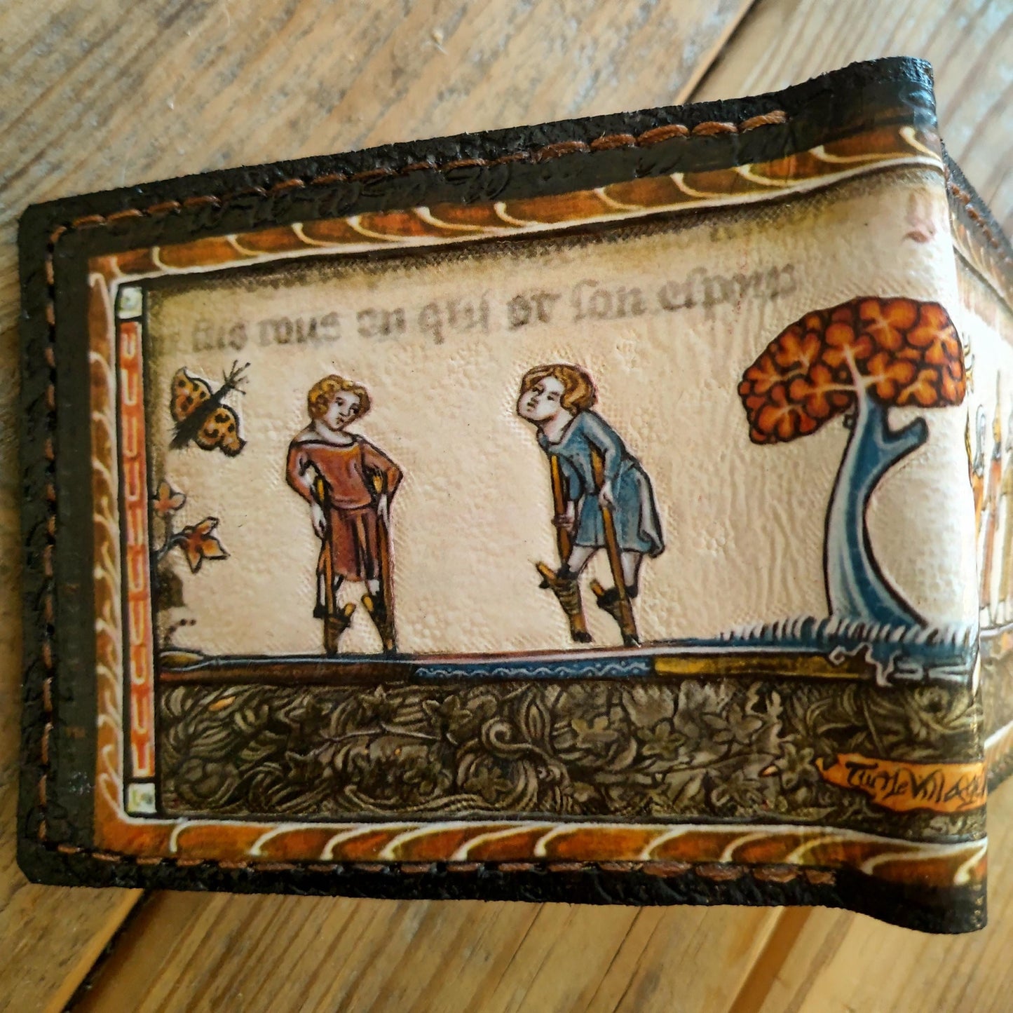 Marginalia medieval wedding dance- leather wallet- Dark Brown and ivory colour - Leather Bifold Wallet - Handcrafted
