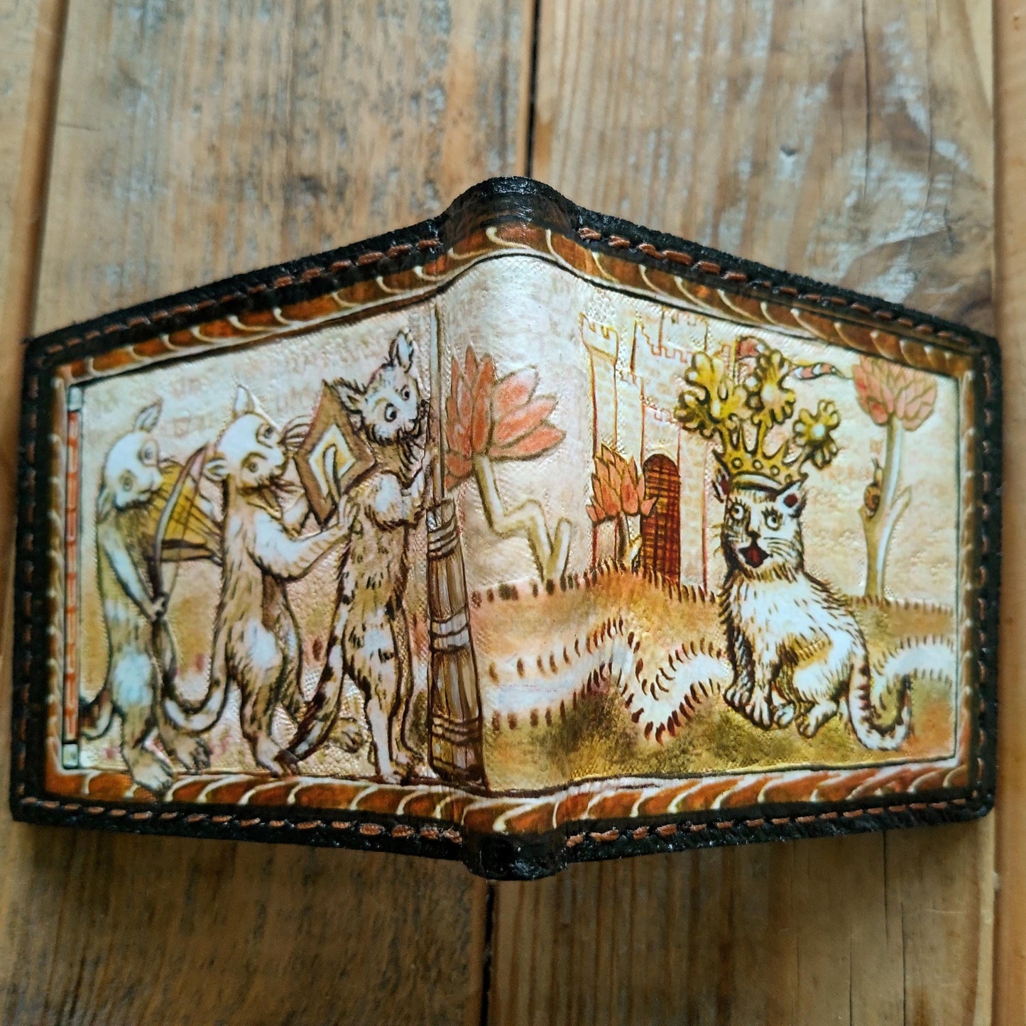 Song of the Cat King 2 - Marginalia medieval - leather wallet- Dark Brown and ivory colour - Leather Bifold Wallet - Handcrafted