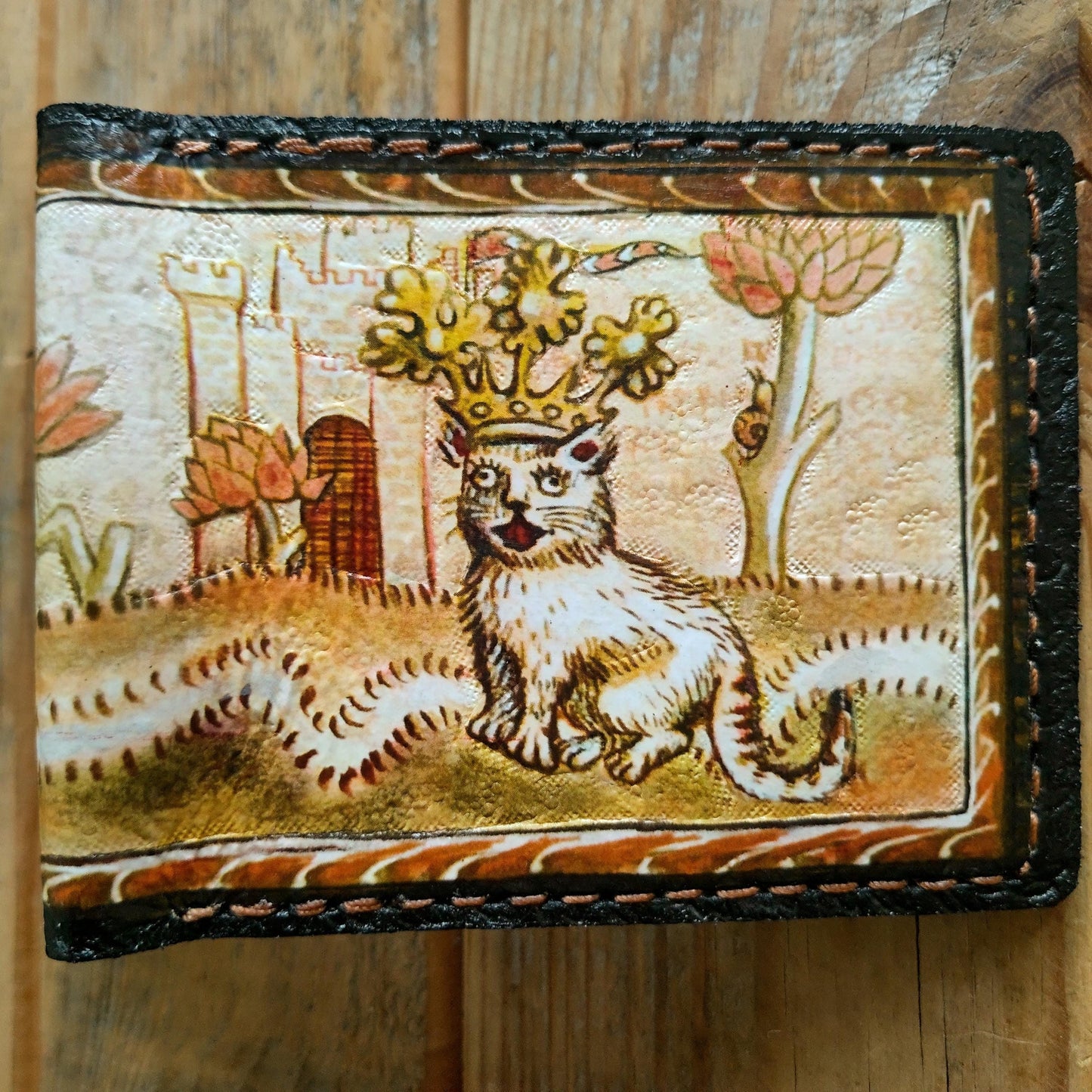 Song of the Cat King 2 - Marginalia medieval - leather wallet- Dark Brown and ivory colour - Leather Bifold Wallet - Handcrafted