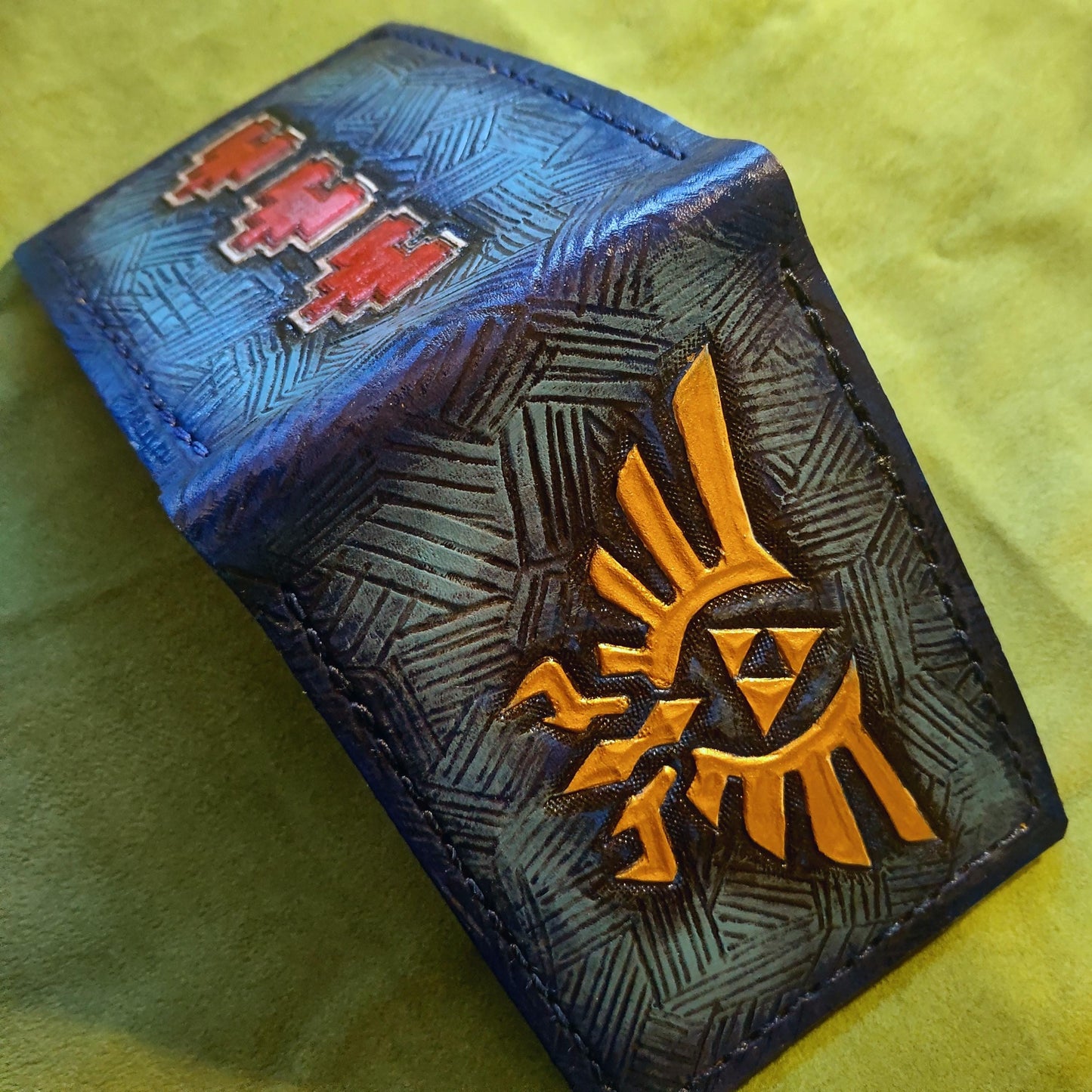 Blue Hyrule crest and heart containers leather wallet- Leather Bifold Wallet - Handcrafted Legend of Zelda Wallet - Link Wallet