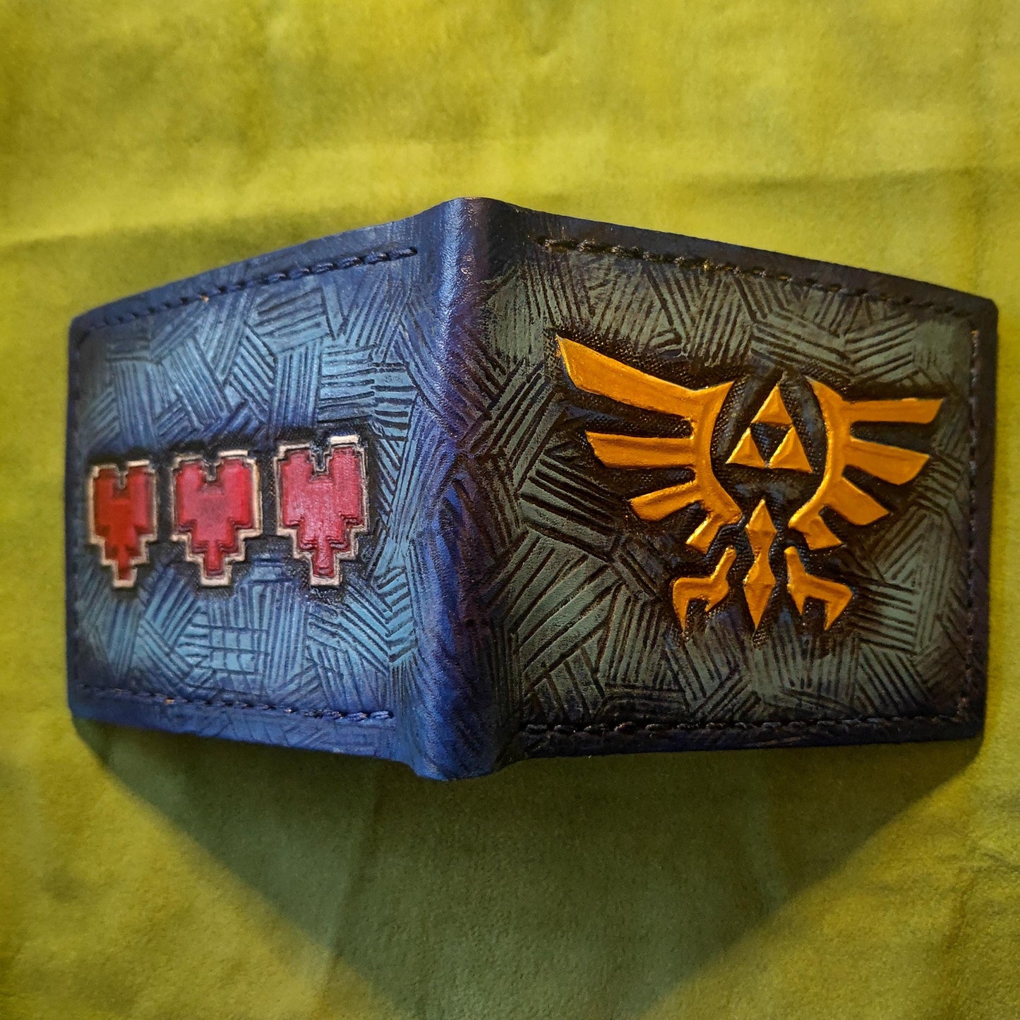 Blue Hyrule crest and heart containers leather wallet- Leather Bifold Wallet - Handcrafted Legend of Zelda Wallet - Link Wallet