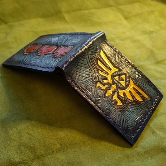 Blue Hyrule crest and heart containers leather wallet- Leather Bifold Wallet - Handcrafted Legend of Zelda Wallet - Link Wallet
