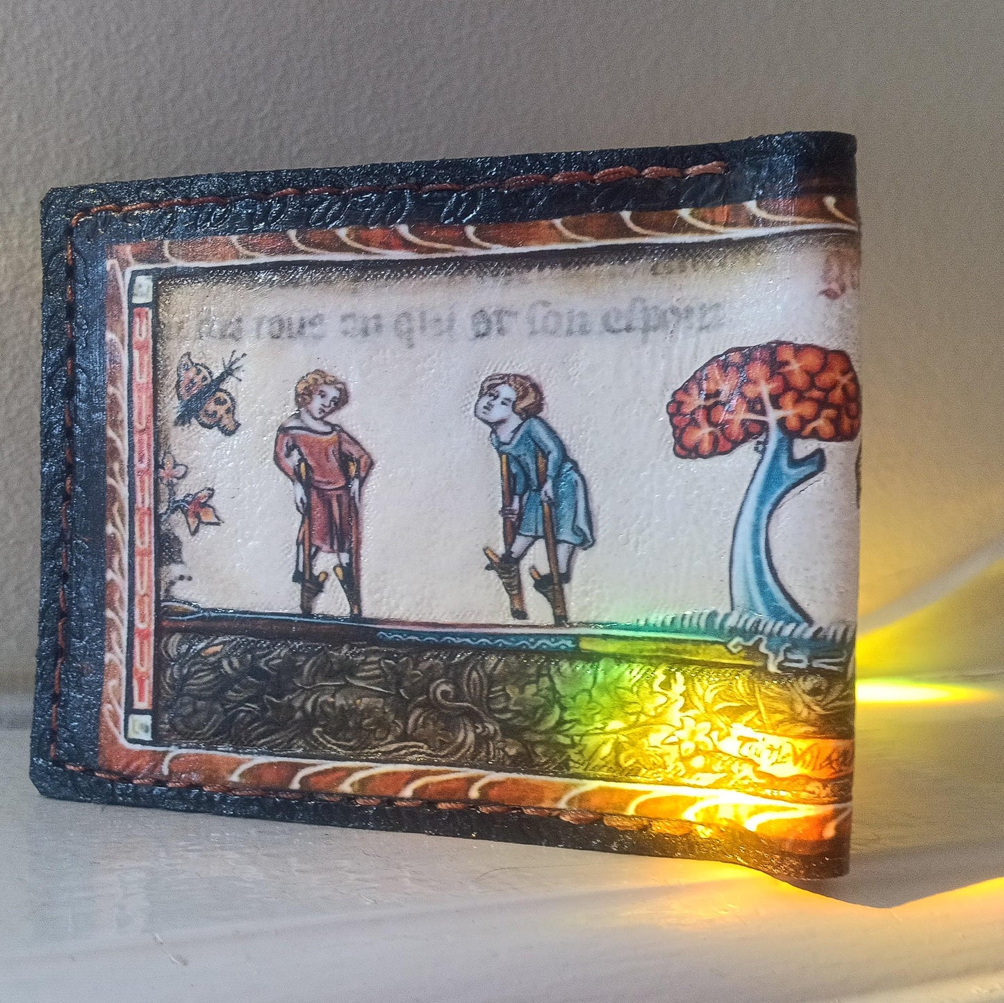 Marginalia medieval wedding dance- leather wallet- Dark Brown and ivory colour - Leather Bifold Wallet - Handcrafted