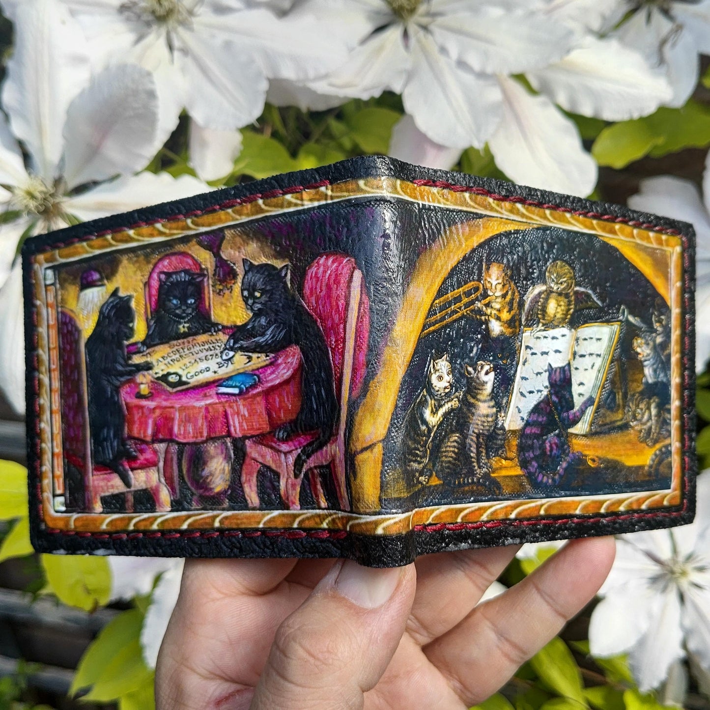 Spooky medieval cats leather wallet - Marginalia medieval - Leather Bifold Wallet - Handcrafted