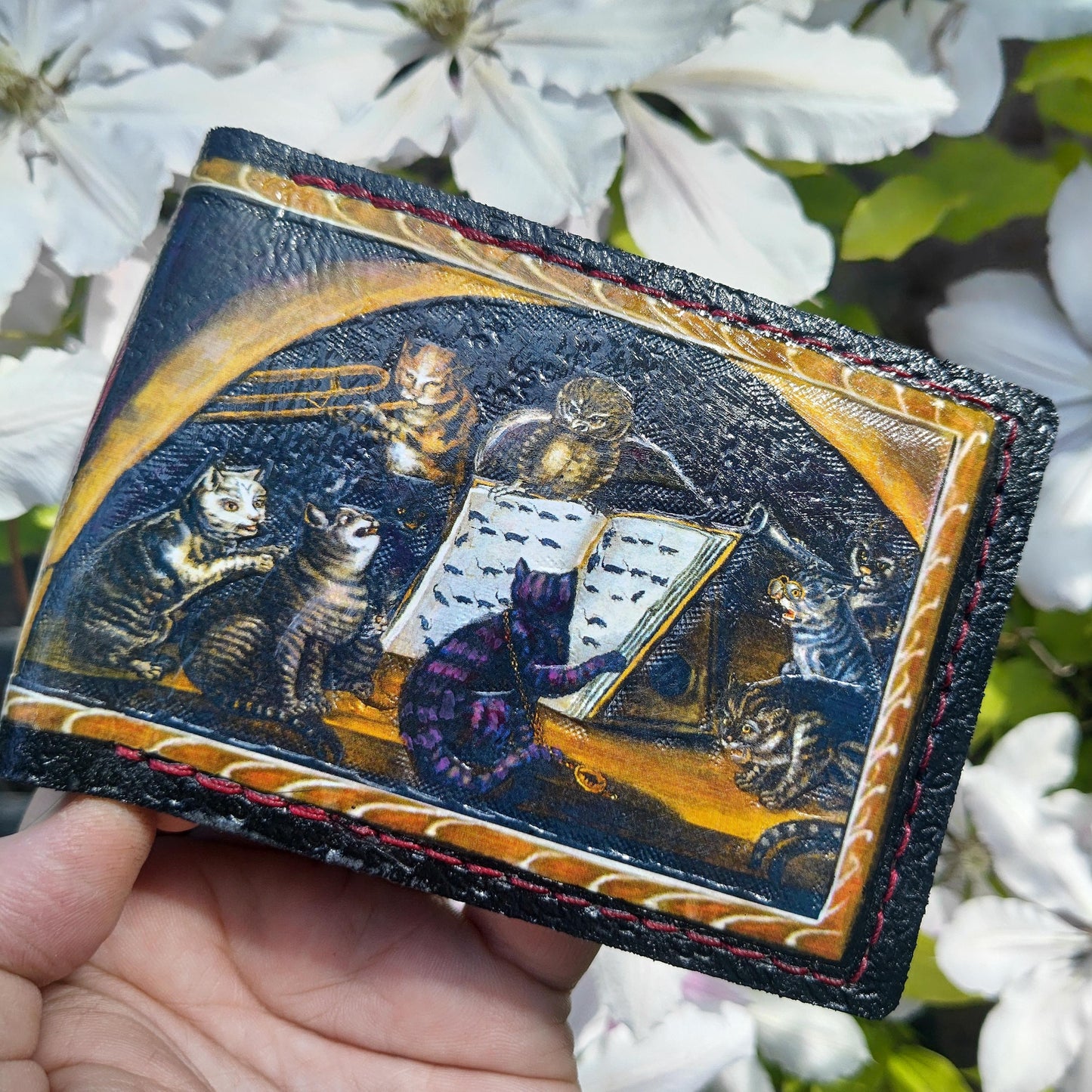 Spooky medieval cats leather wallet - Marginalia medieval - Leather Bifold Wallet - Handcrafted