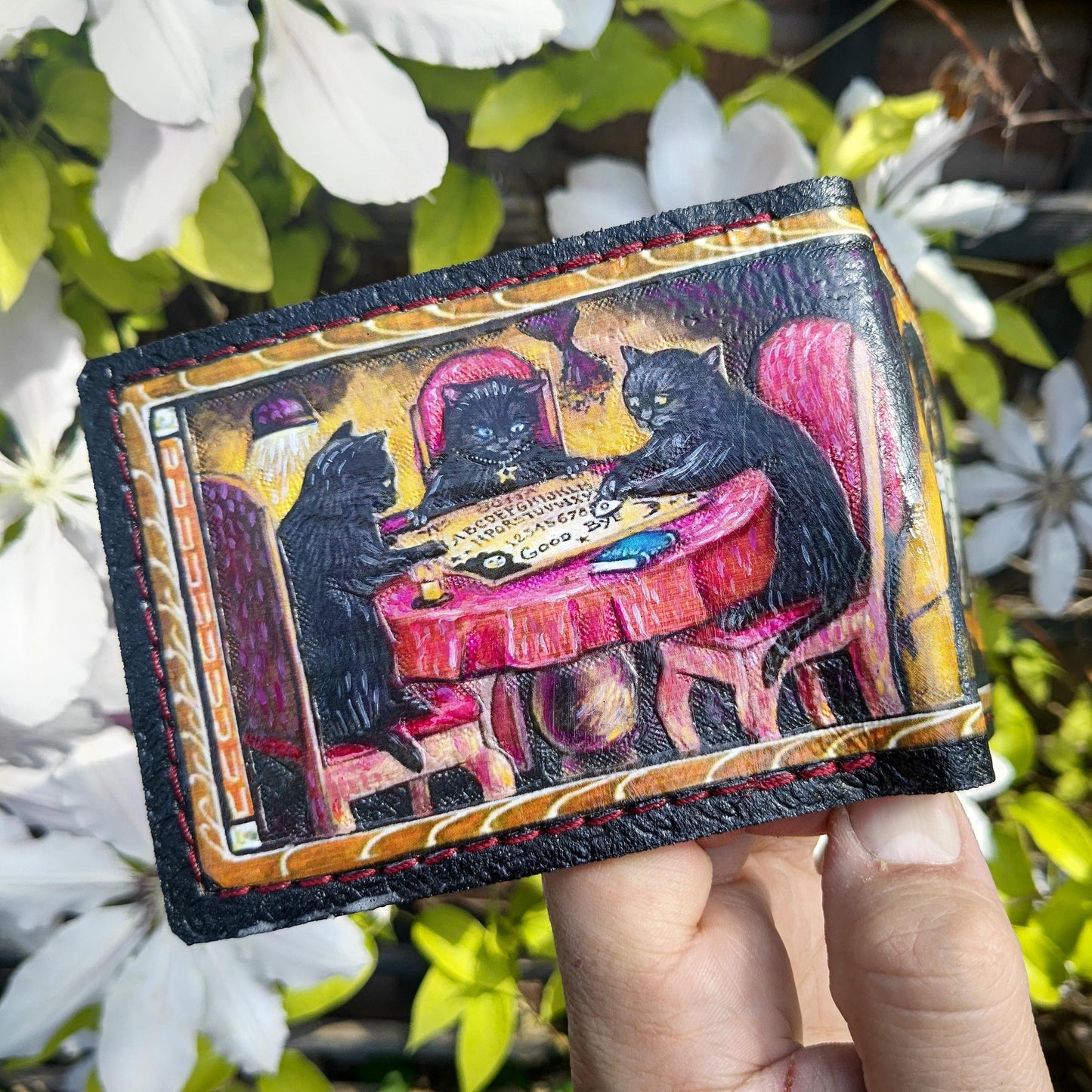 Spooky medieval cats leather wallet - Marginalia medieval - Leather Bifold Wallet - Handcrafted