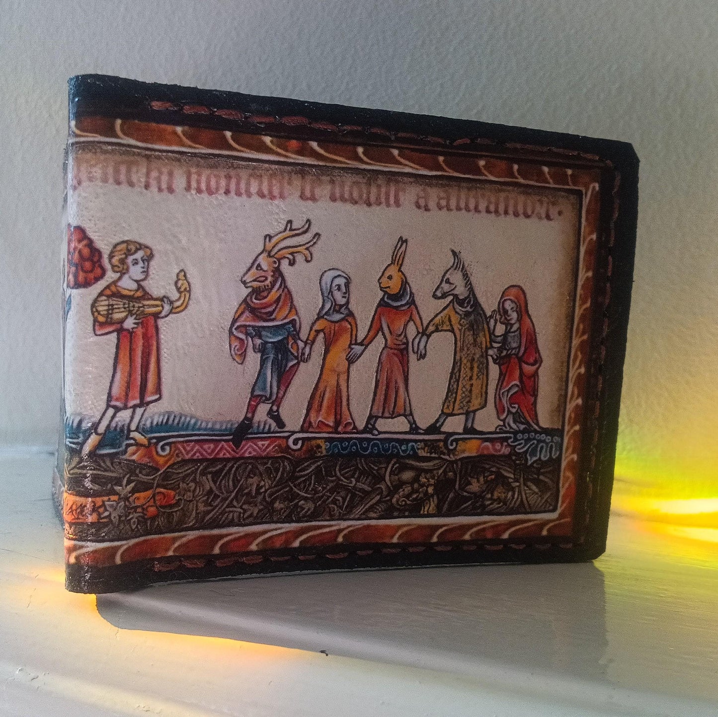 Marginalia medieval wedding dance- leather wallet- Dark Brown and ivory colour - Leather Bifold Wallet - Handcrafted