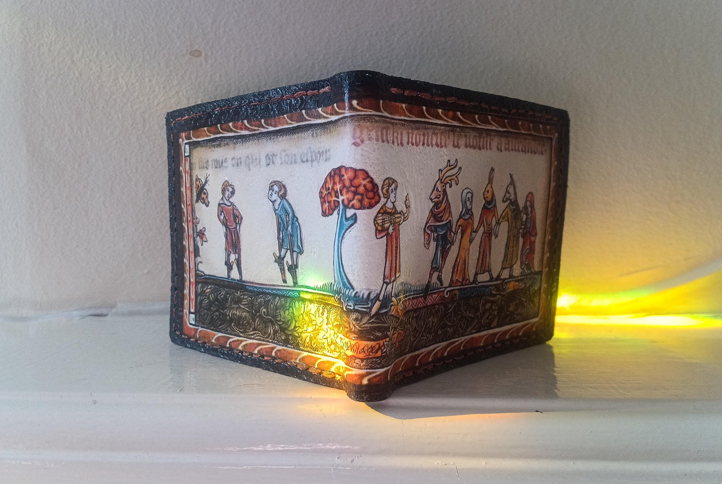 Marginalia medieval wedding dance- leather wallet- Dark Brown and ivory colour - Leather Bifold Wallet - Handcrafted